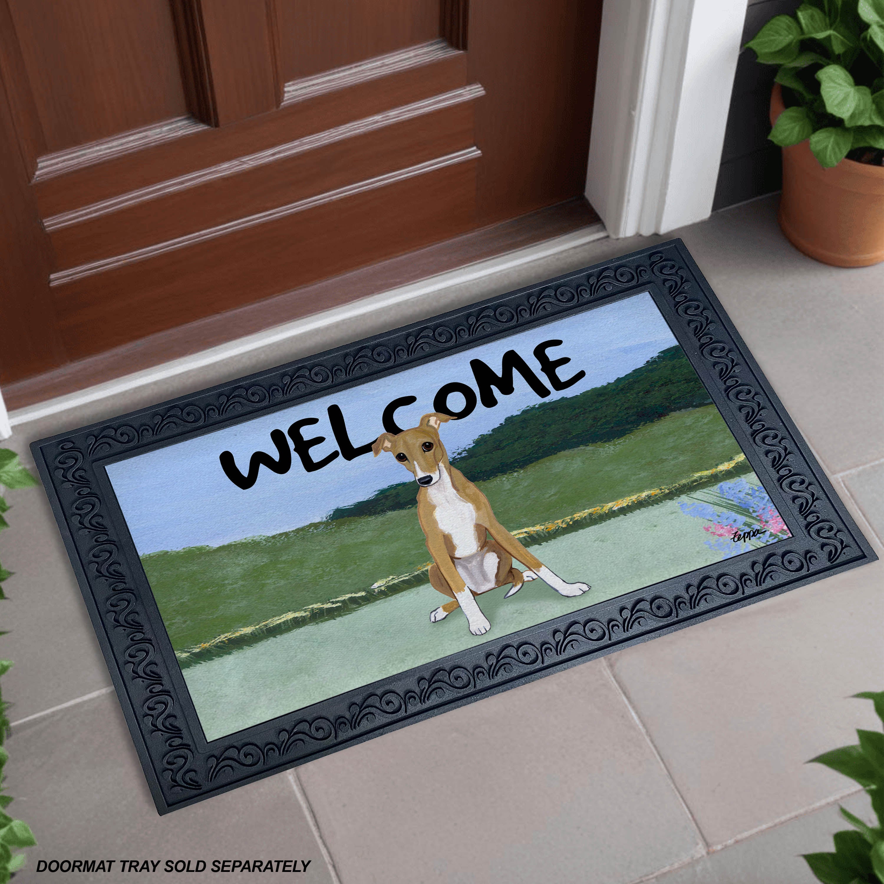 Greyhound Puppy Yard Scene Welcome Mat