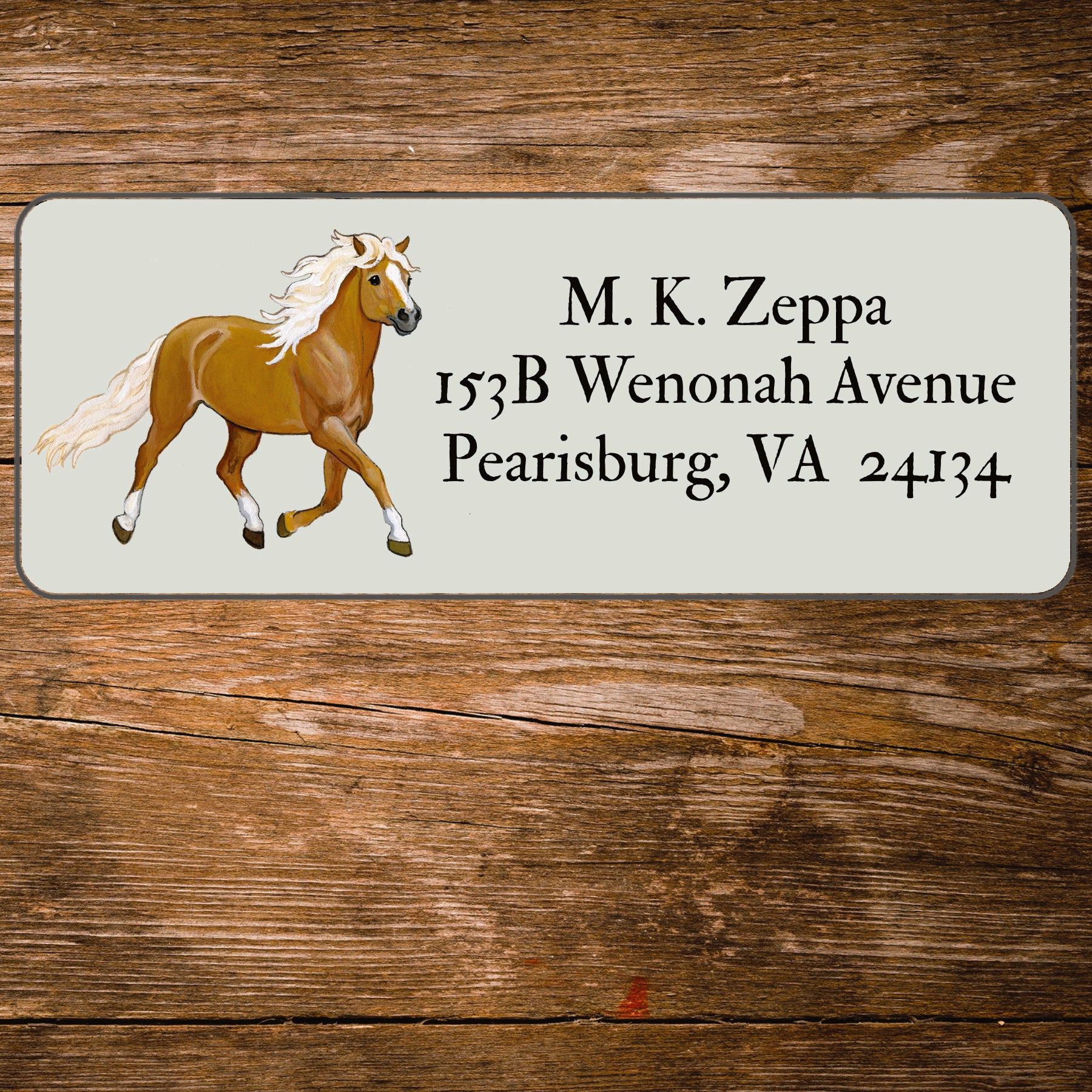 Return address label with an illustration of a Haflinger Horse.