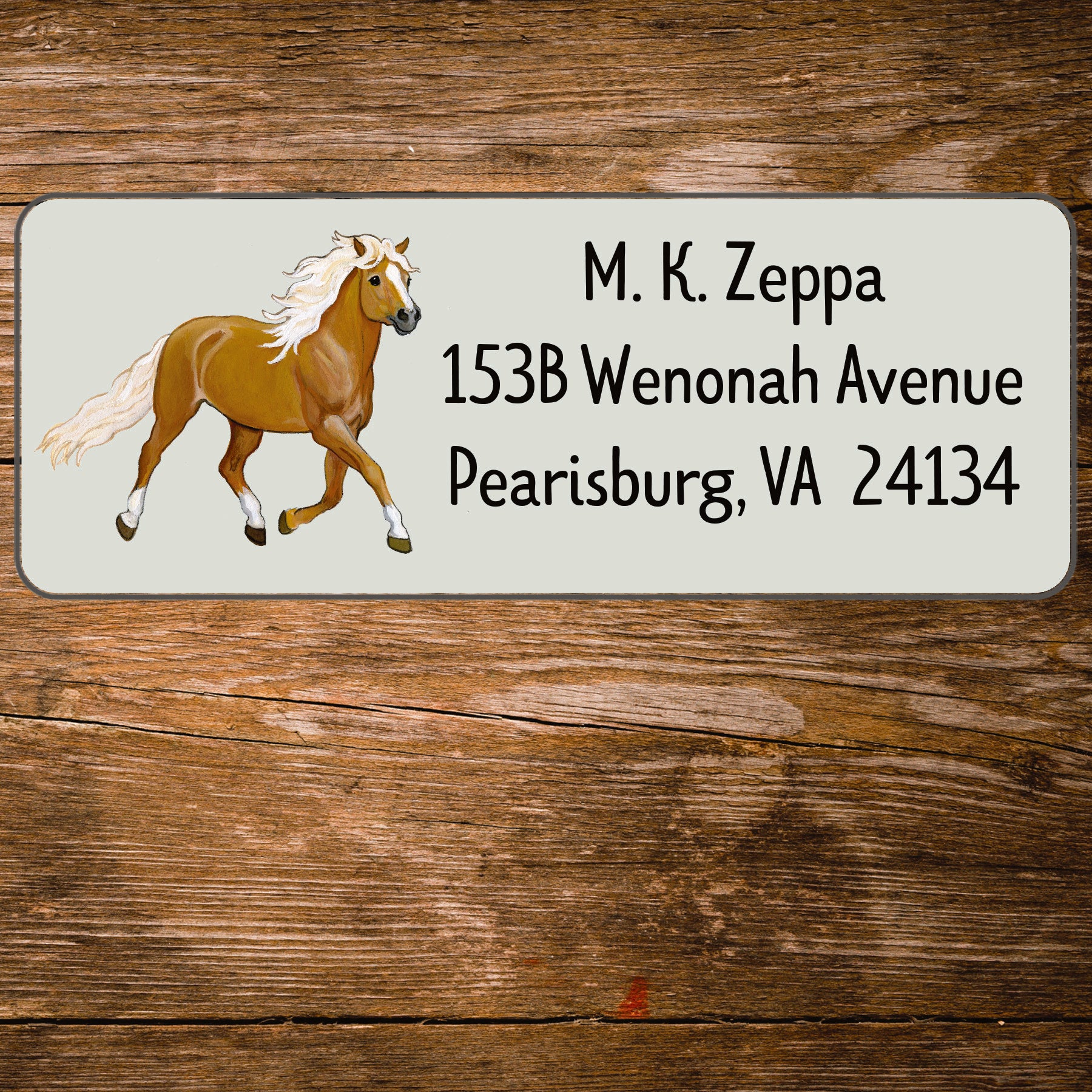 Return address label with an illustration of a Haflinger Horse.