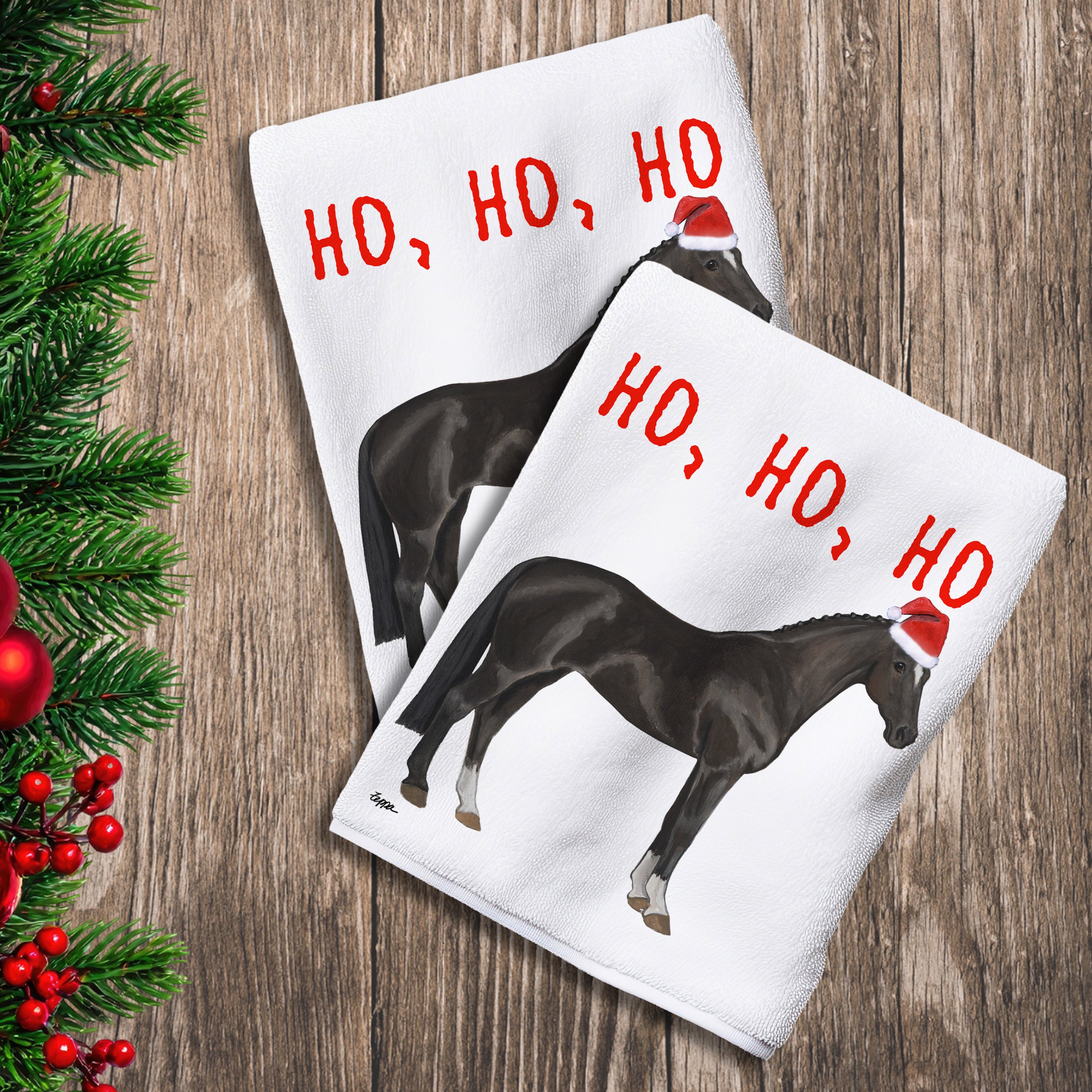 2 Kitchen Towels with a Hanoverian horse in a Santa Hat and Ho Ho Ho text.