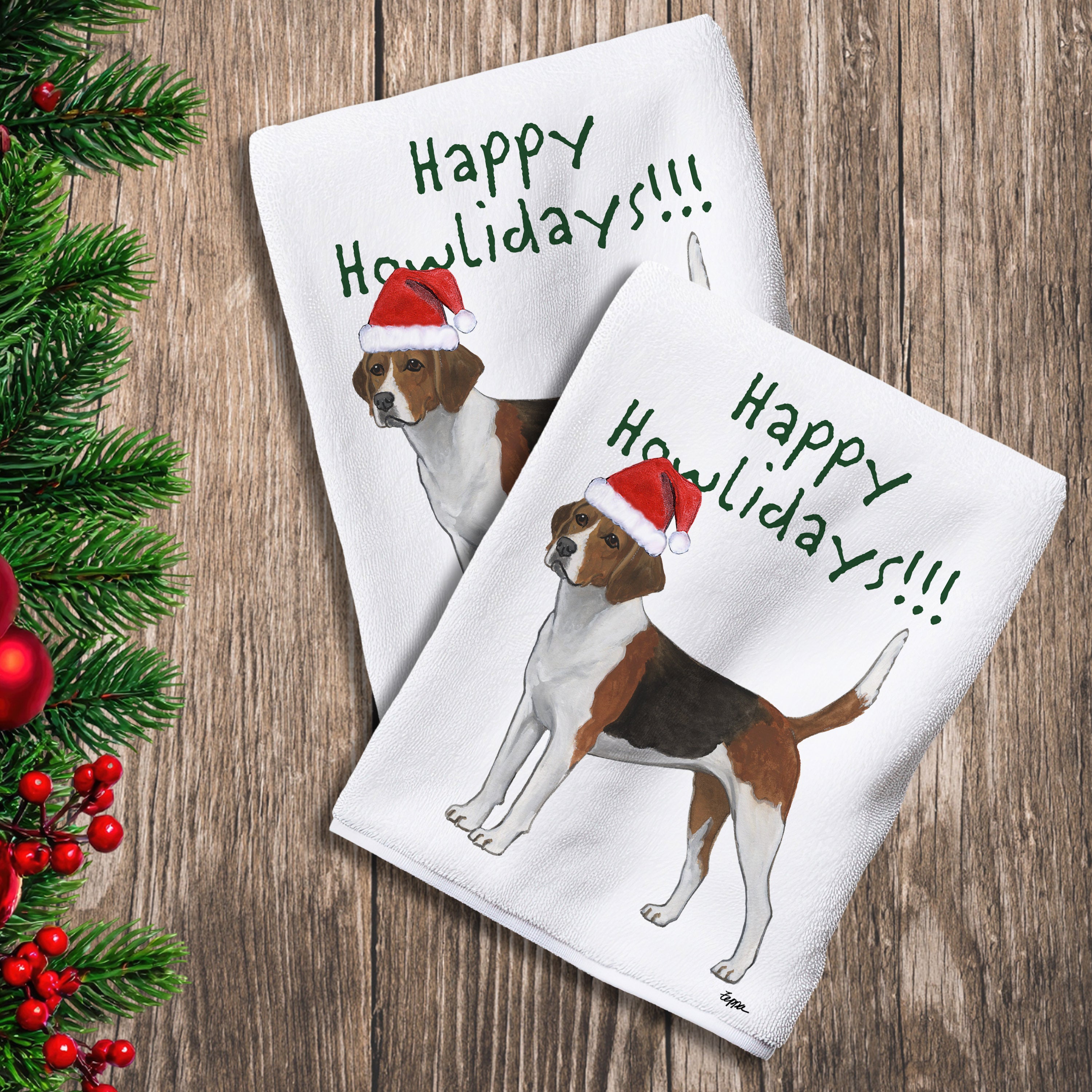 2 Kitchen Towels with a Harrier in a Santa Hat and Happy Howlidays text.
