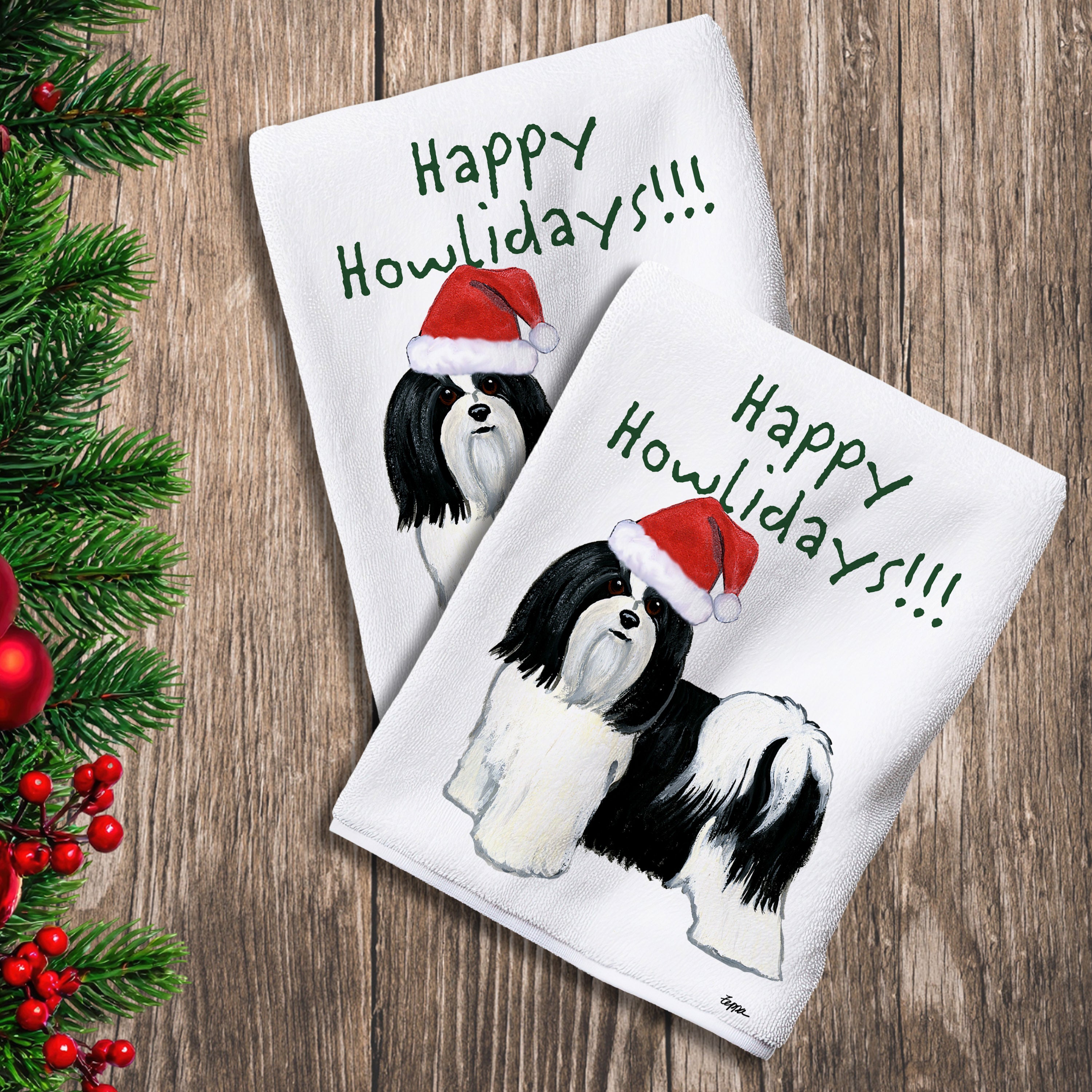 2 Kitchen Towels with a black and white Havanese in a Santa Hat and Happy Howlidays text.