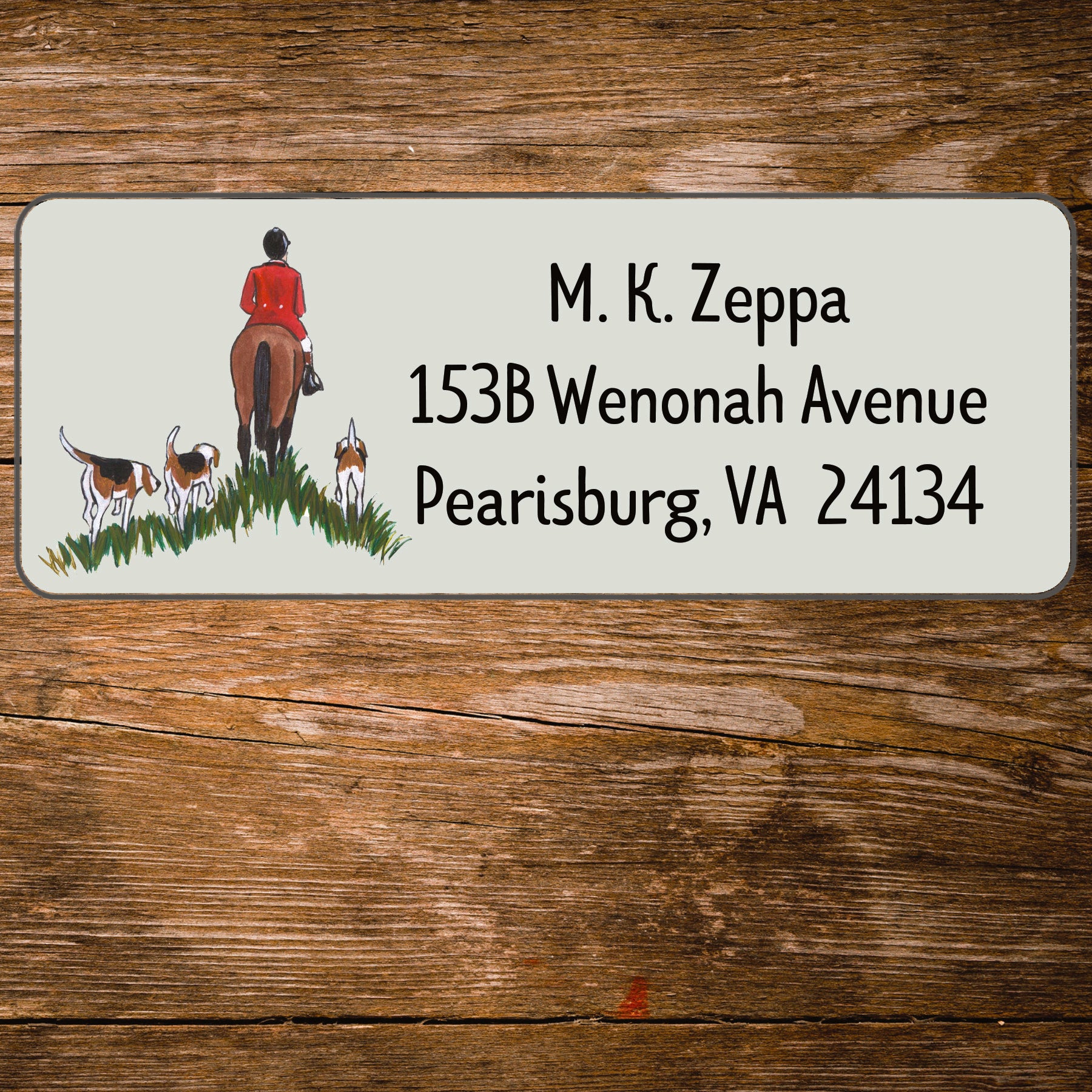 Address label with a fox hunting scene illustration on a wooden background