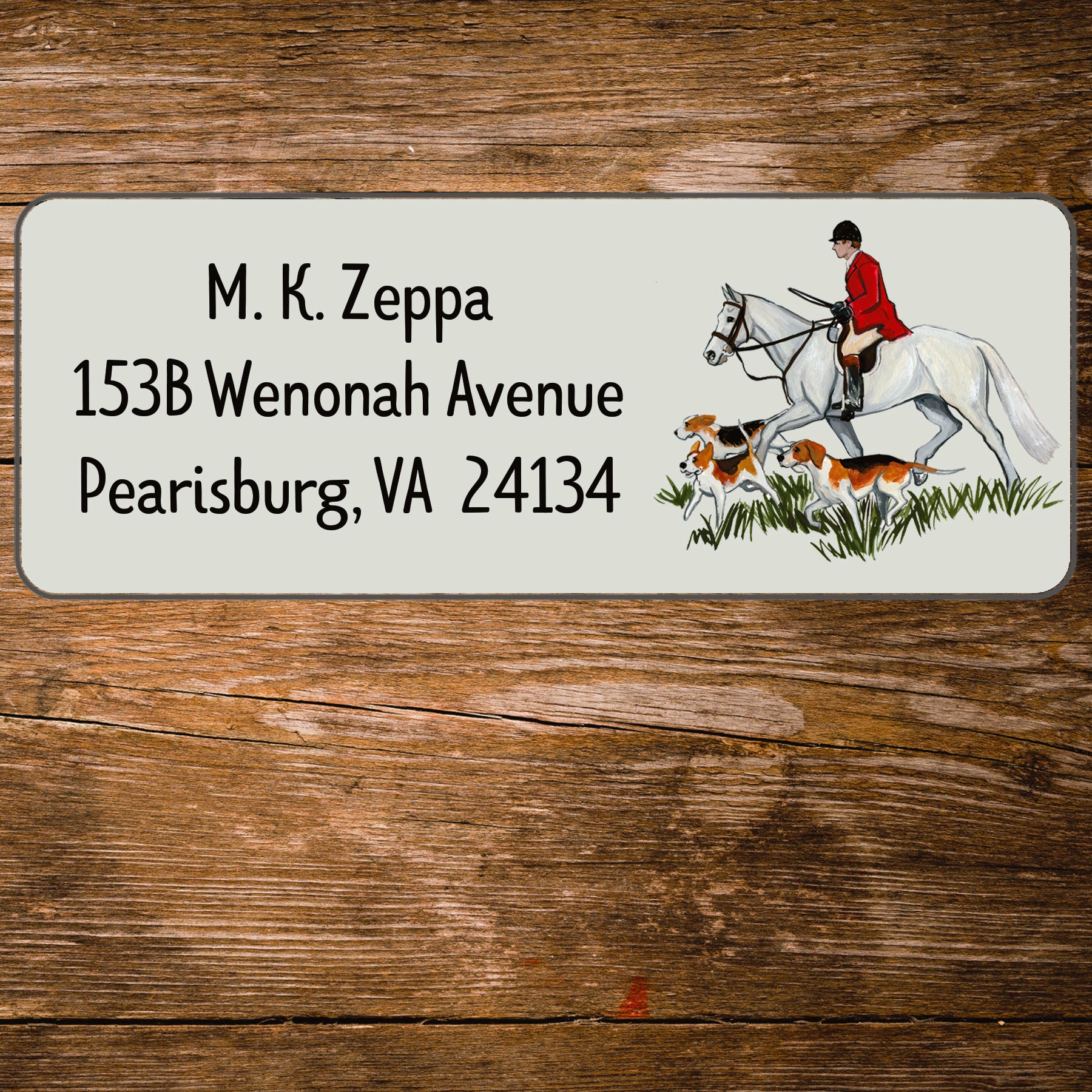 Address label with a fox hunting scene illustration on a wooden background