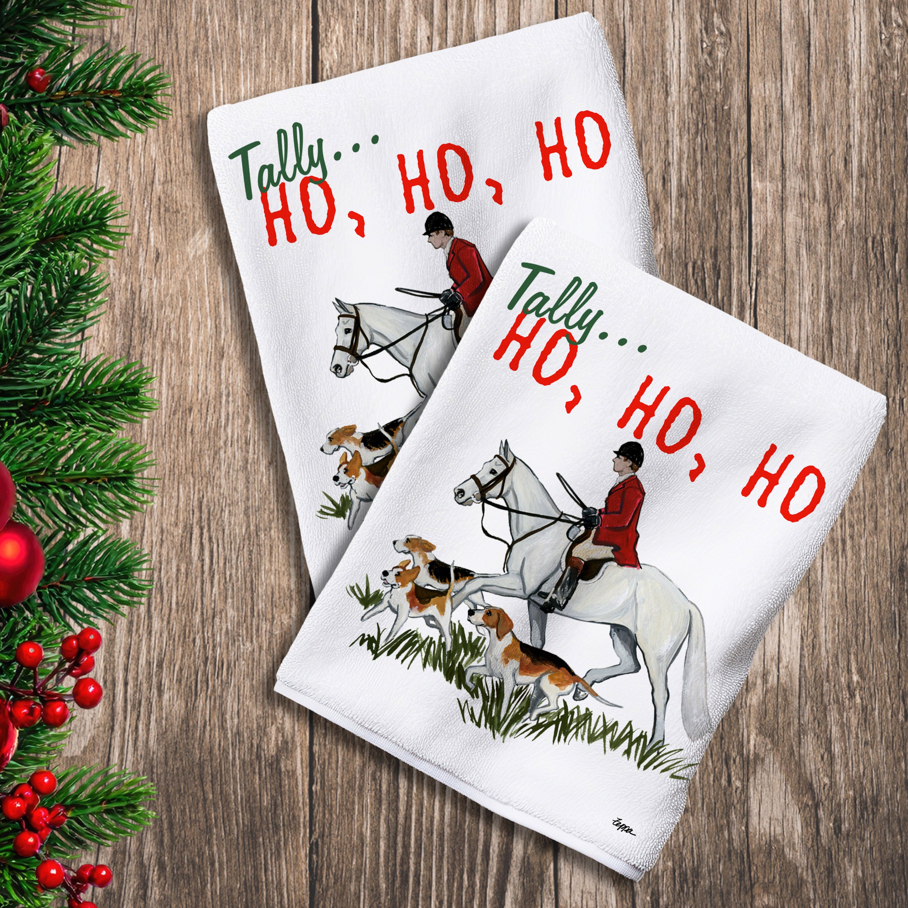2 Kitchen Towels with a fox hunting scene and Tally Ho Ho Ho text.
