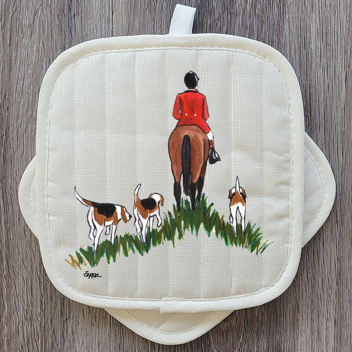 Pot Holder Set with Fox Hunt Scene Design