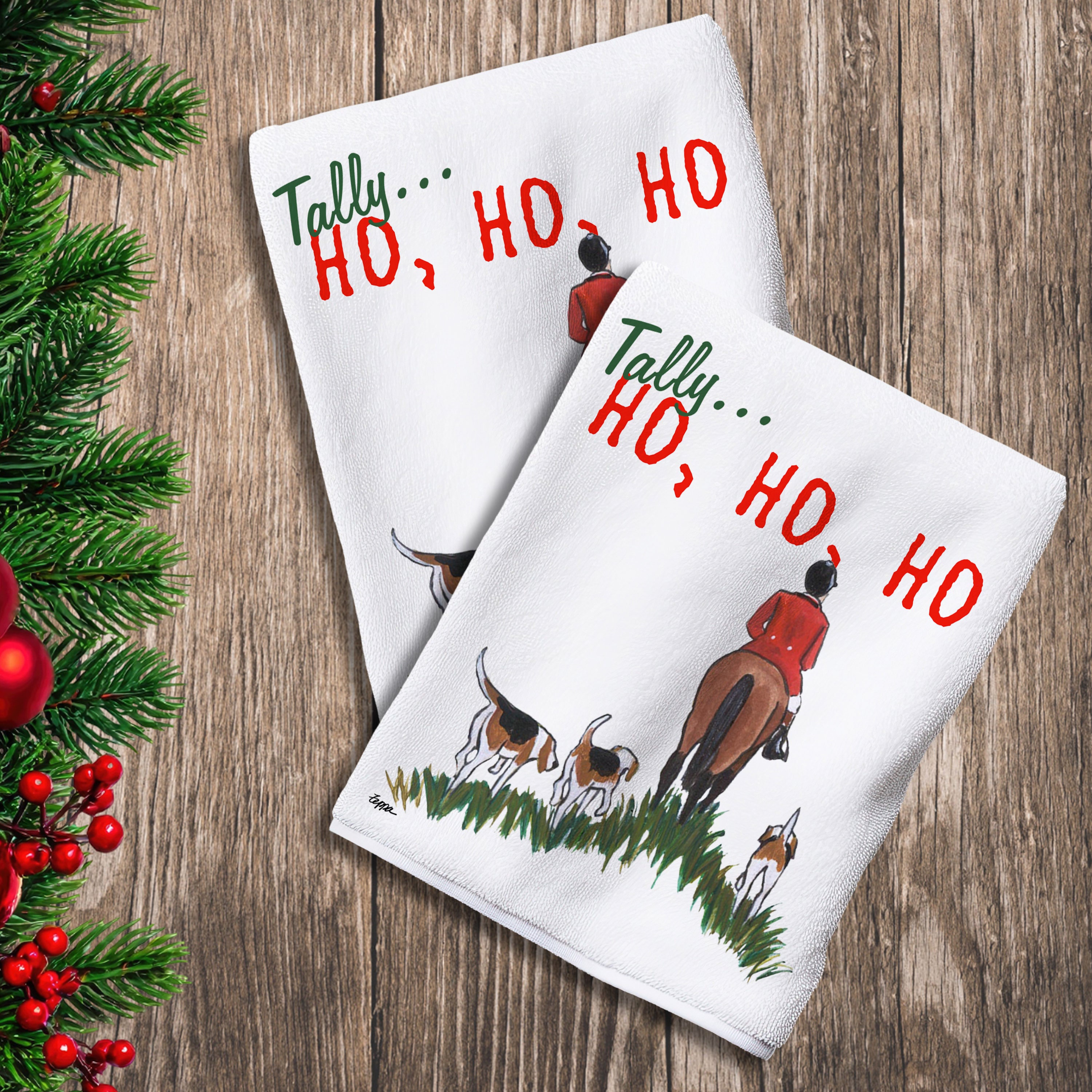 2 Kitchen Towels with a fox hunting scene and Tally Ho Ho Ho text.