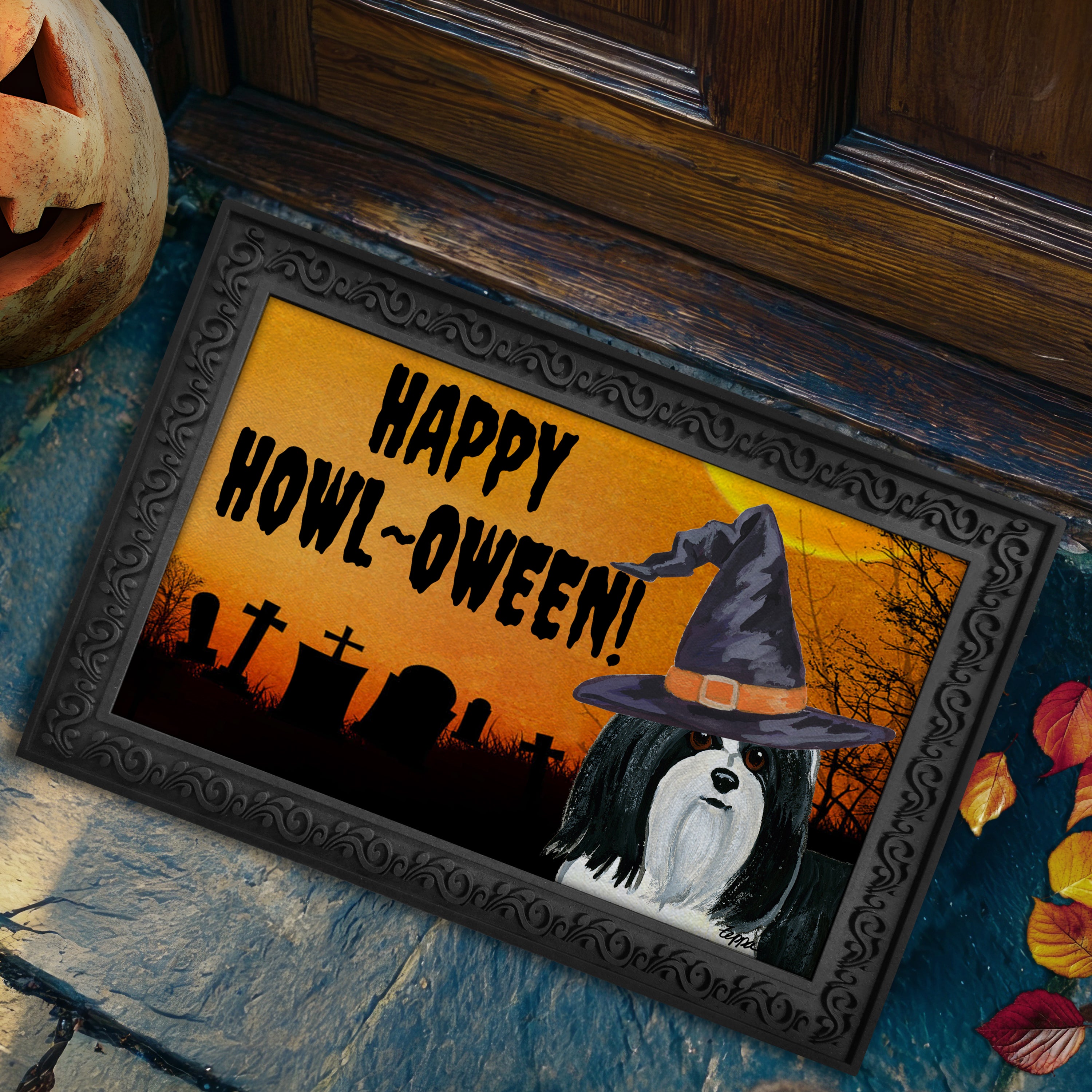Halloween-themed doormat with a Havanese wearing a witch hat and 'Happy Howl-Oween!' text, placed on a stone surface.