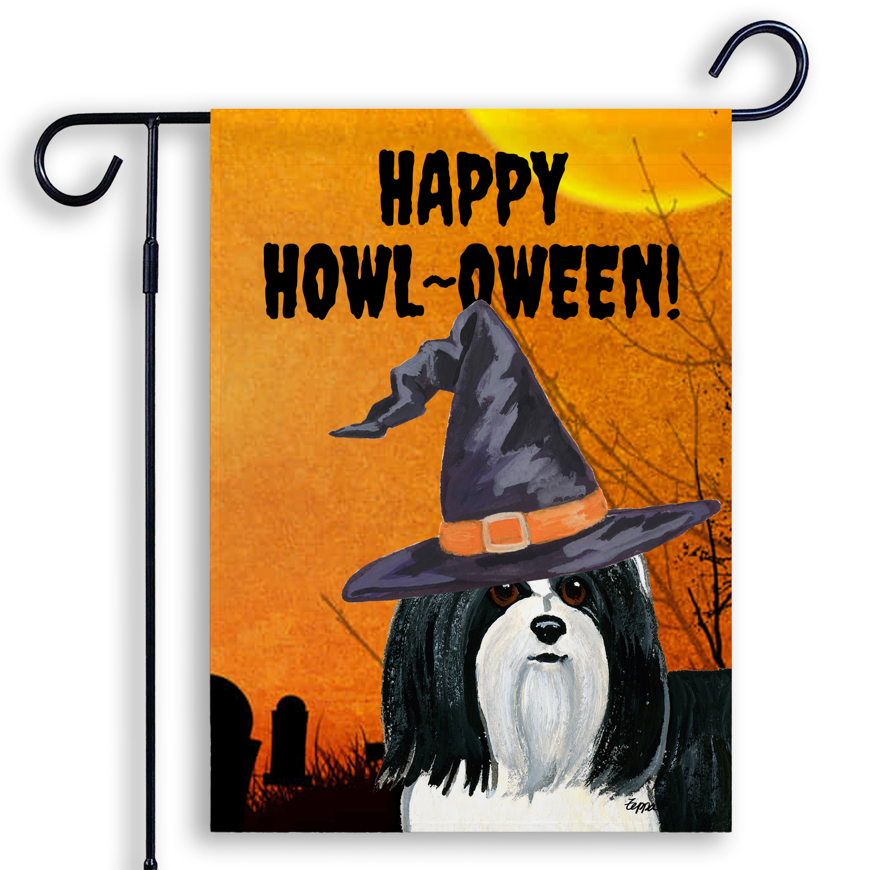 Halloween-themed garden flag with a Havanese wearing a witch hat and 'Happy Howl-Oween!' text on an orange background.