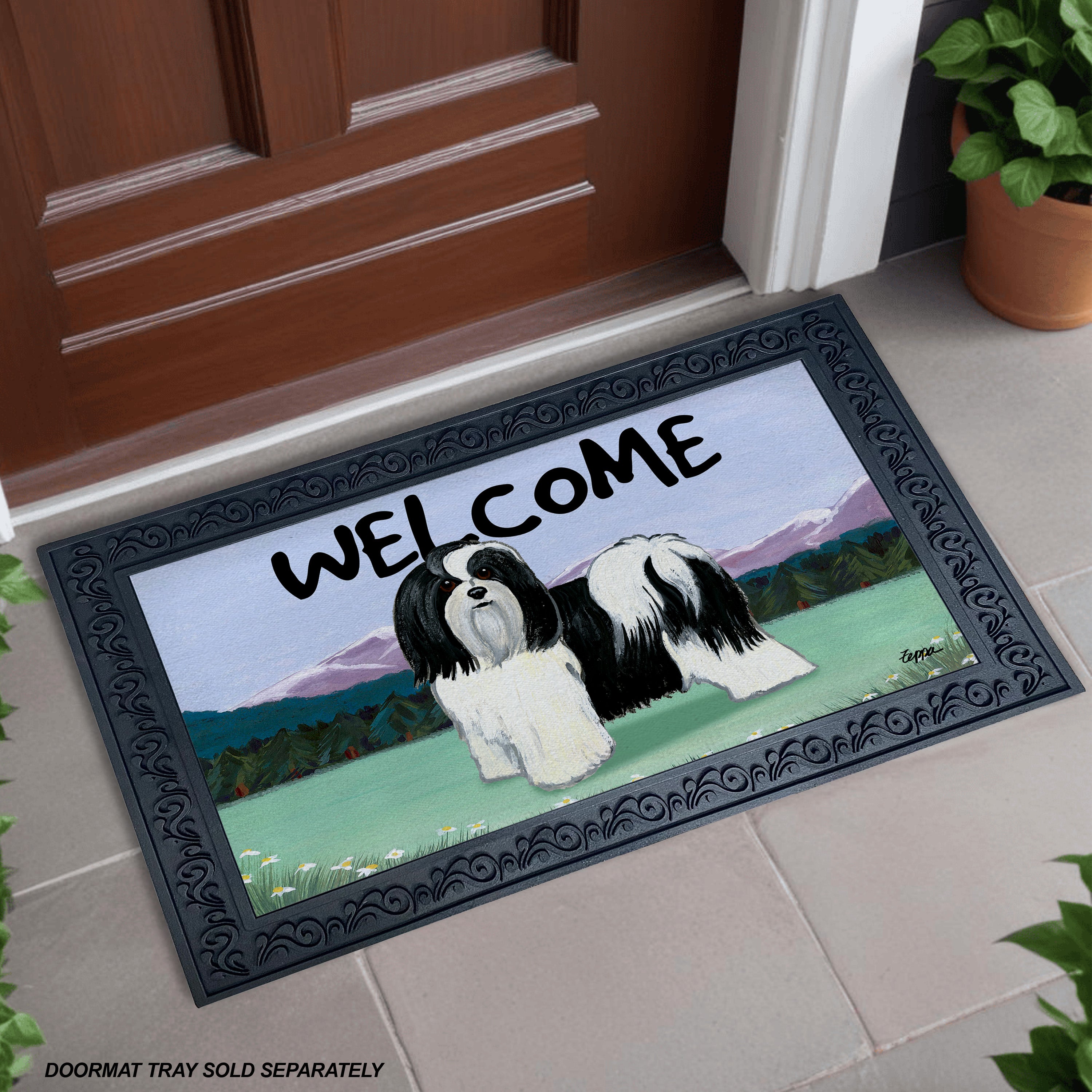 Black and White Havanese Mountain Scene Welcome Mat