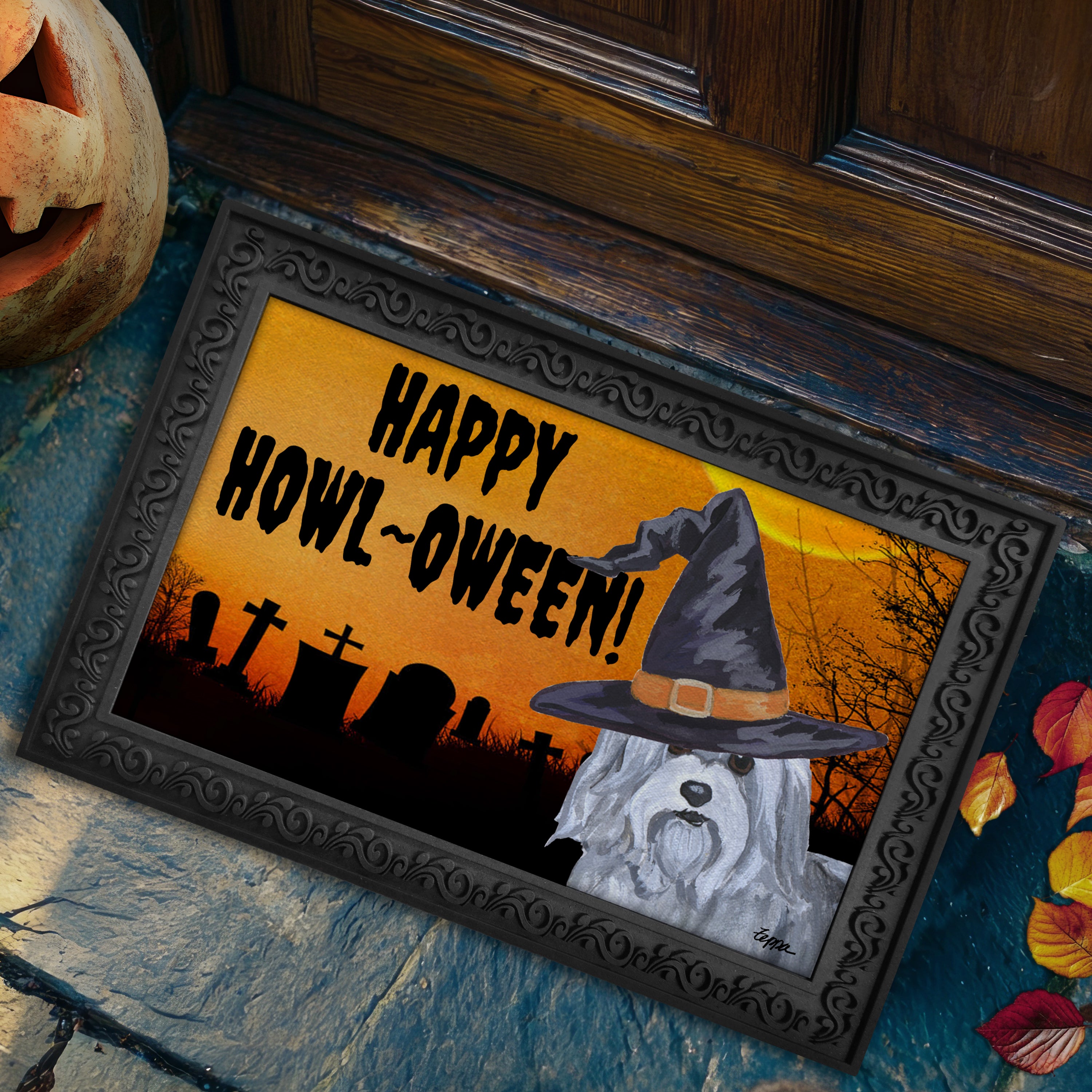 Halloween-themed doormat with a Havanese wearing a witch hat and 'Happy Howl-Oween!' text, placed on a stone surface.