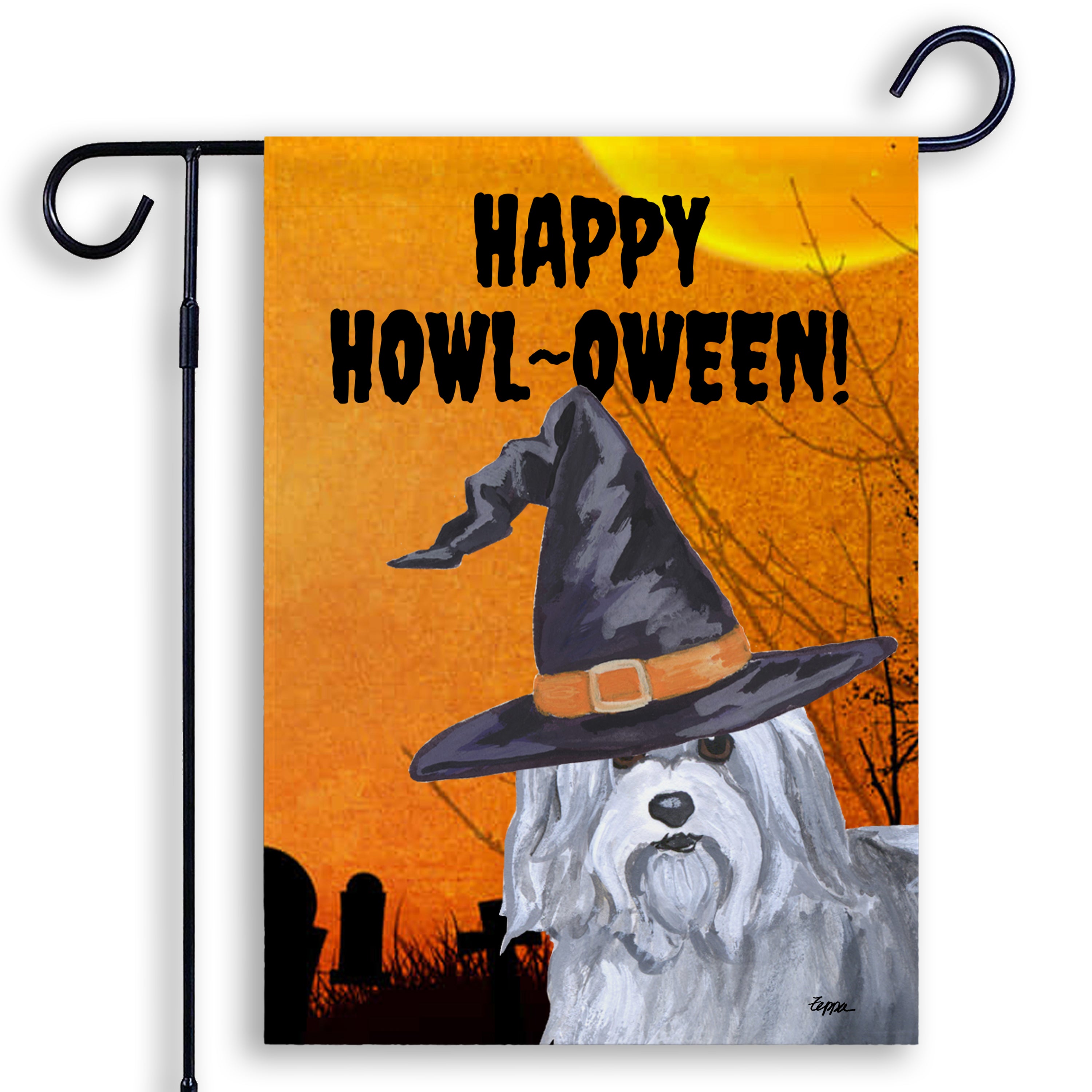 Halloween-themed garden flag with a Havanese wearing a witch hat and 'Happy Howl-Oween!' text on an orange background.