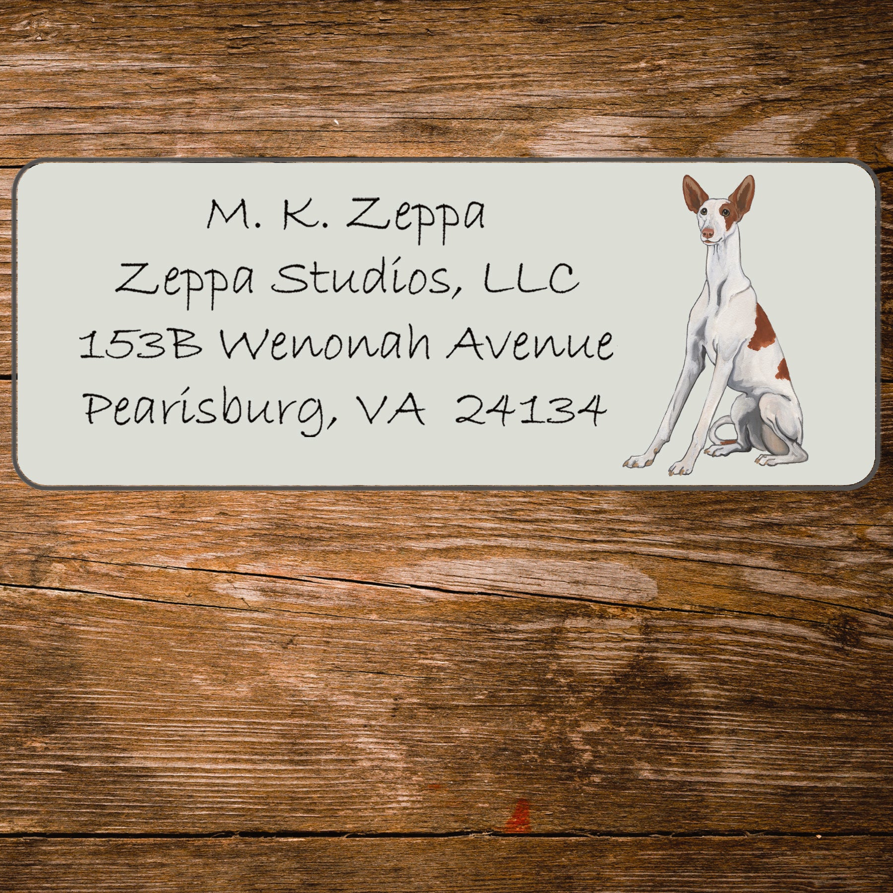 Return address label with an illustration of an Ibizan Hound
