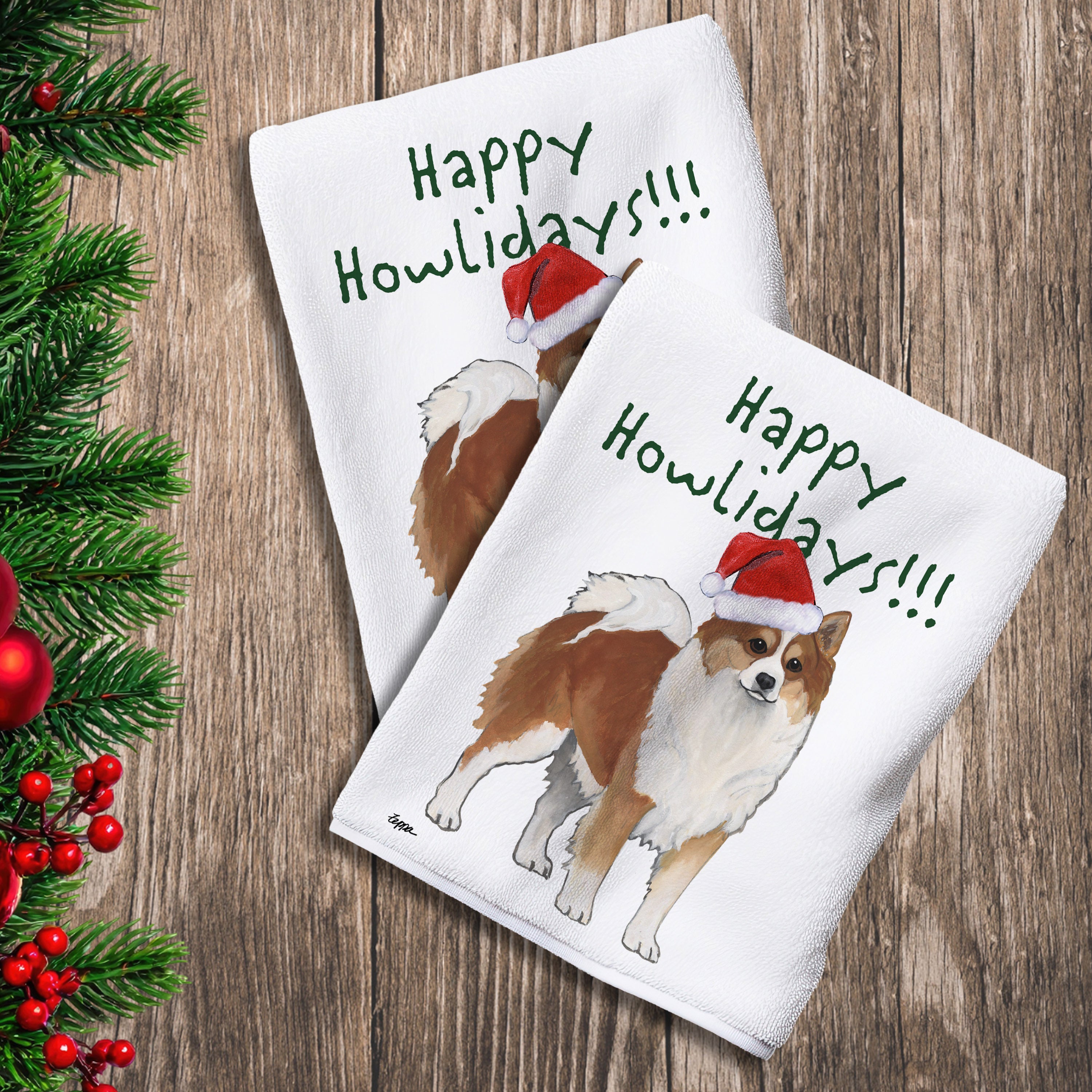 2 Kitchen Towels with an Icelandic Sheepdog in a Santa Hat and Happy Howlidays text.