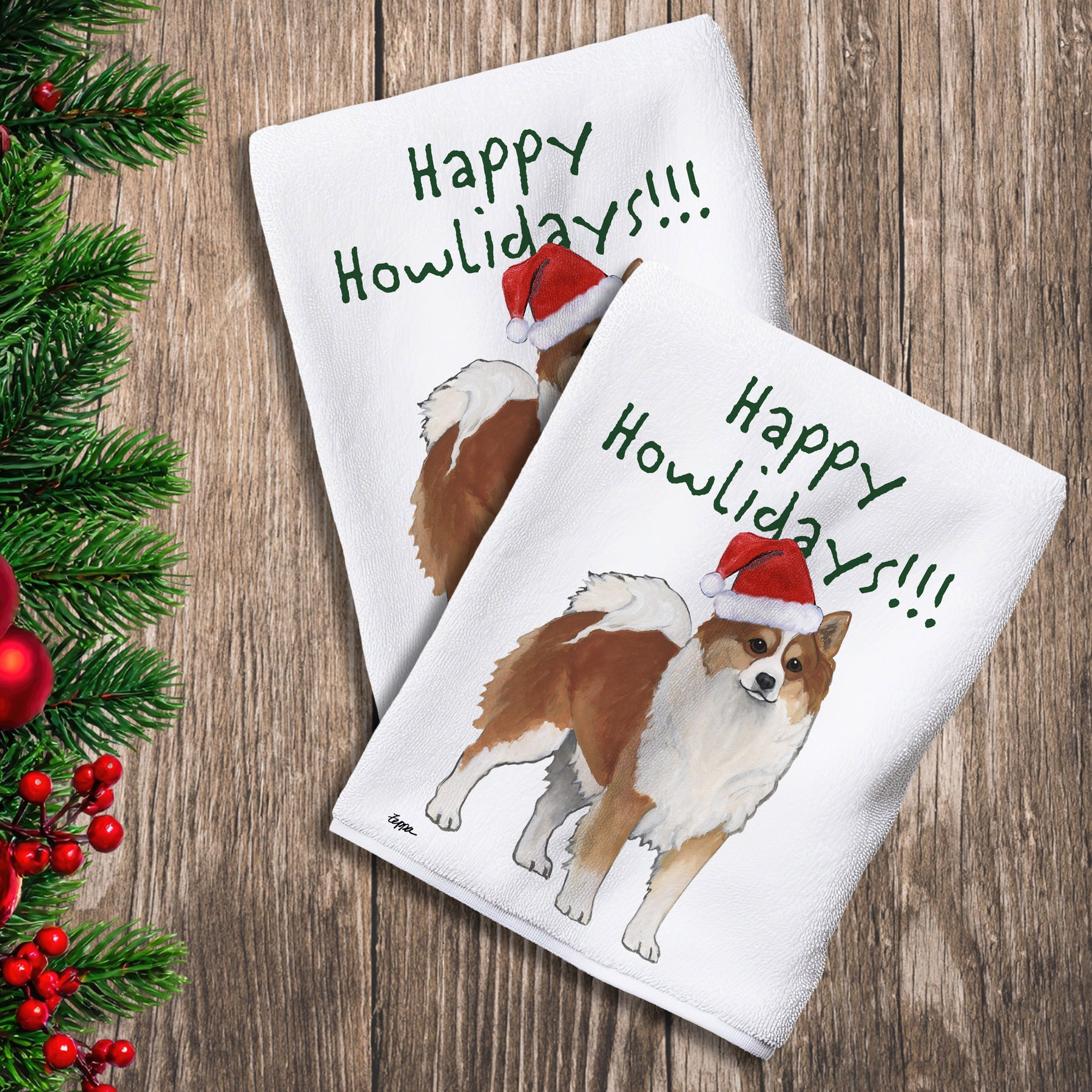 2 Kitchen Towels with an Icelandic Sheepdog in a Santa Hat and Happy Howlidays text.
