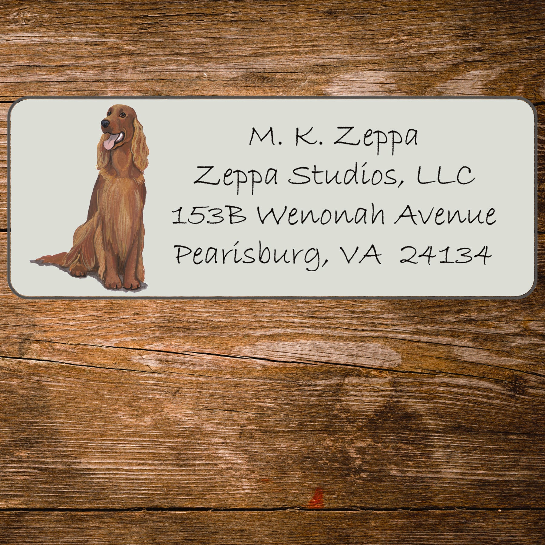 Return address label with a Irish Setter illustration.