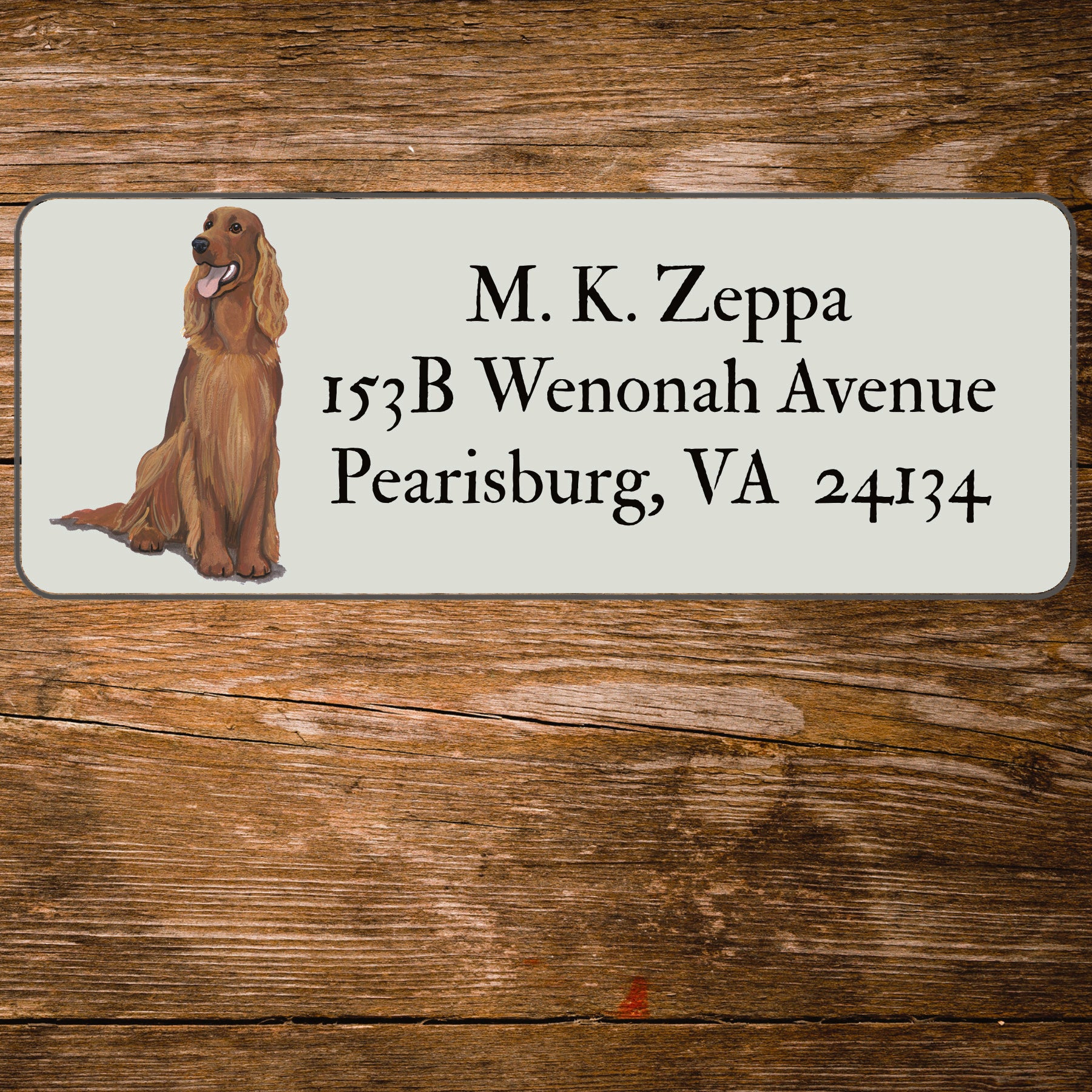 Return address label with a Irish Setter illustration.