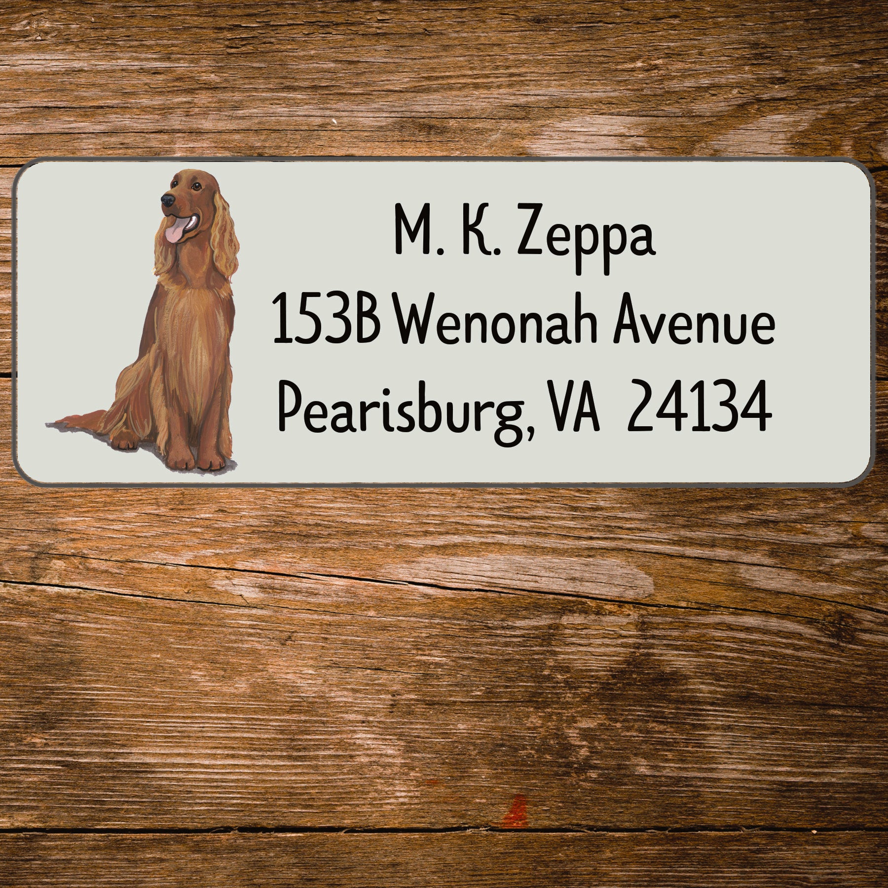 Return address label with a Irish Setter illustration.