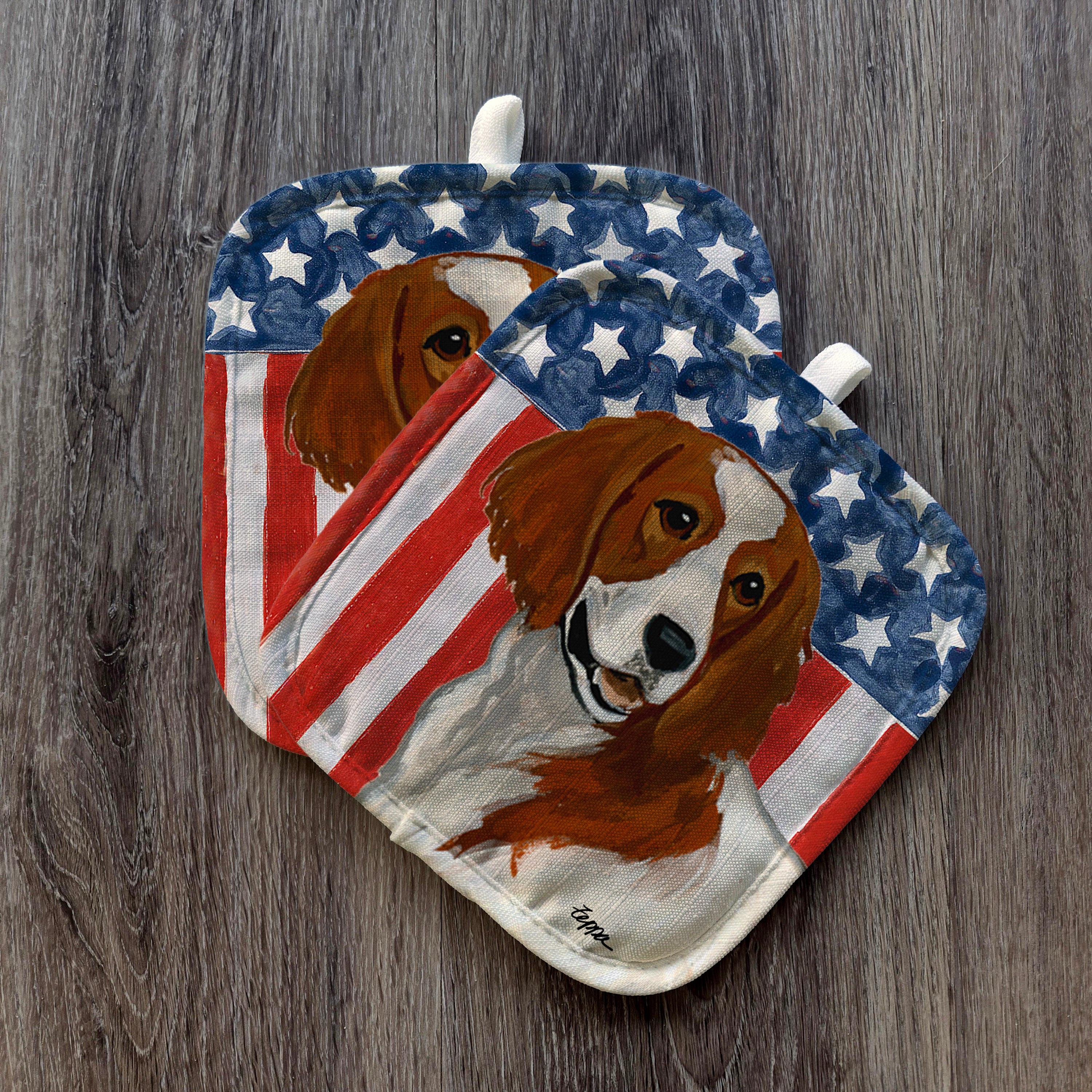 Irish Red and White Setter Americana Pot Holder Set