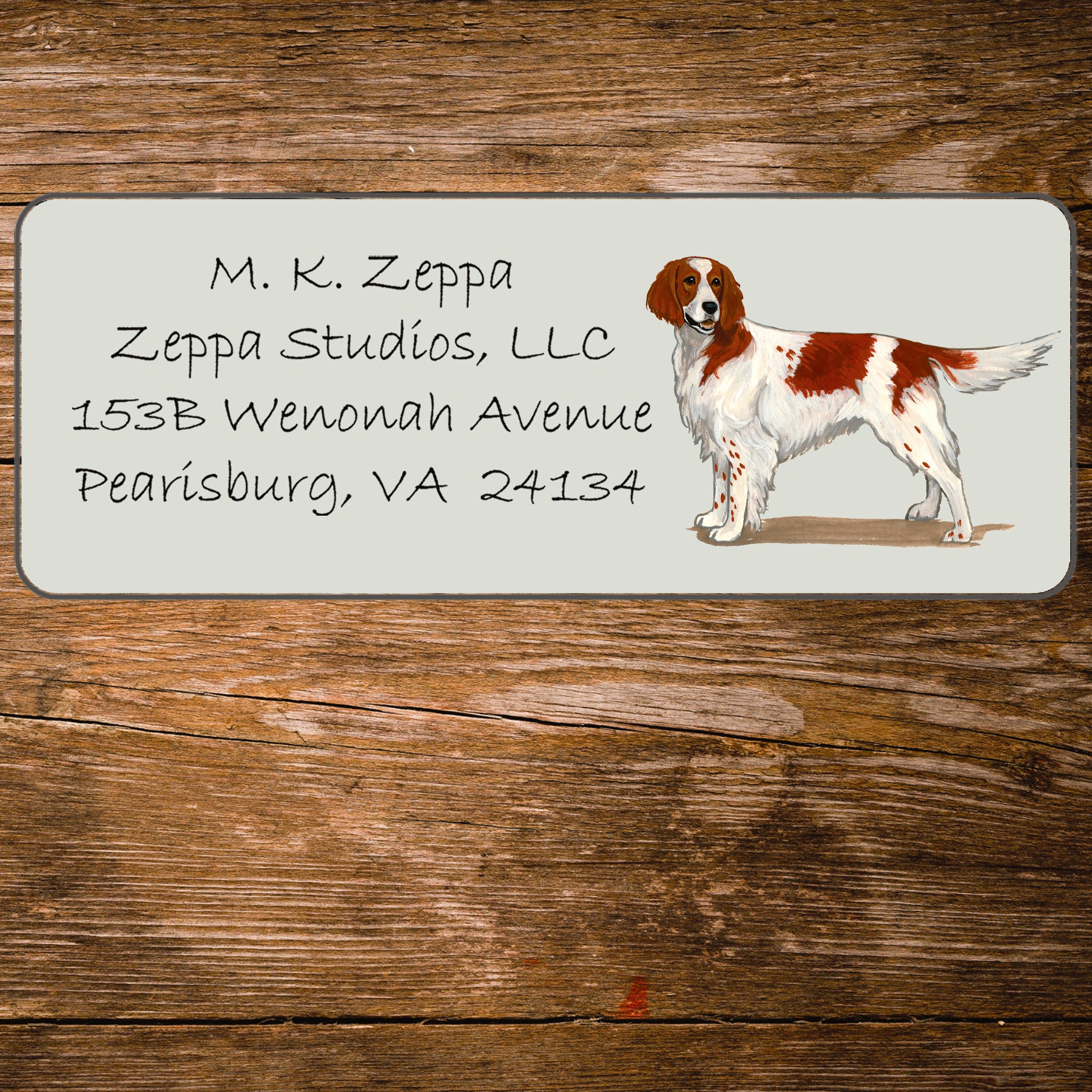 Return address label with a Irish Red & White Setter illustration.