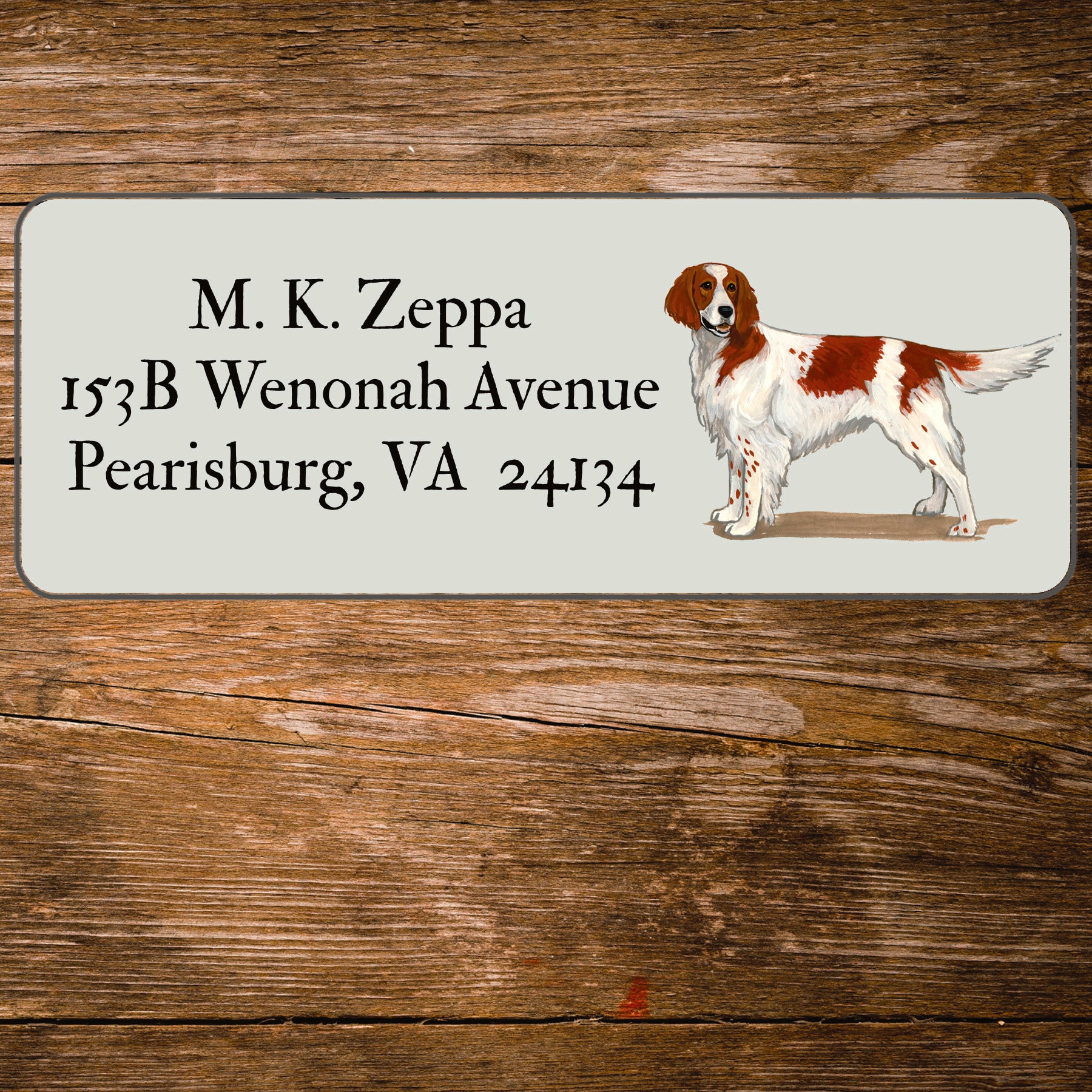Return address label with a Irish Red & White Setter illustration.
