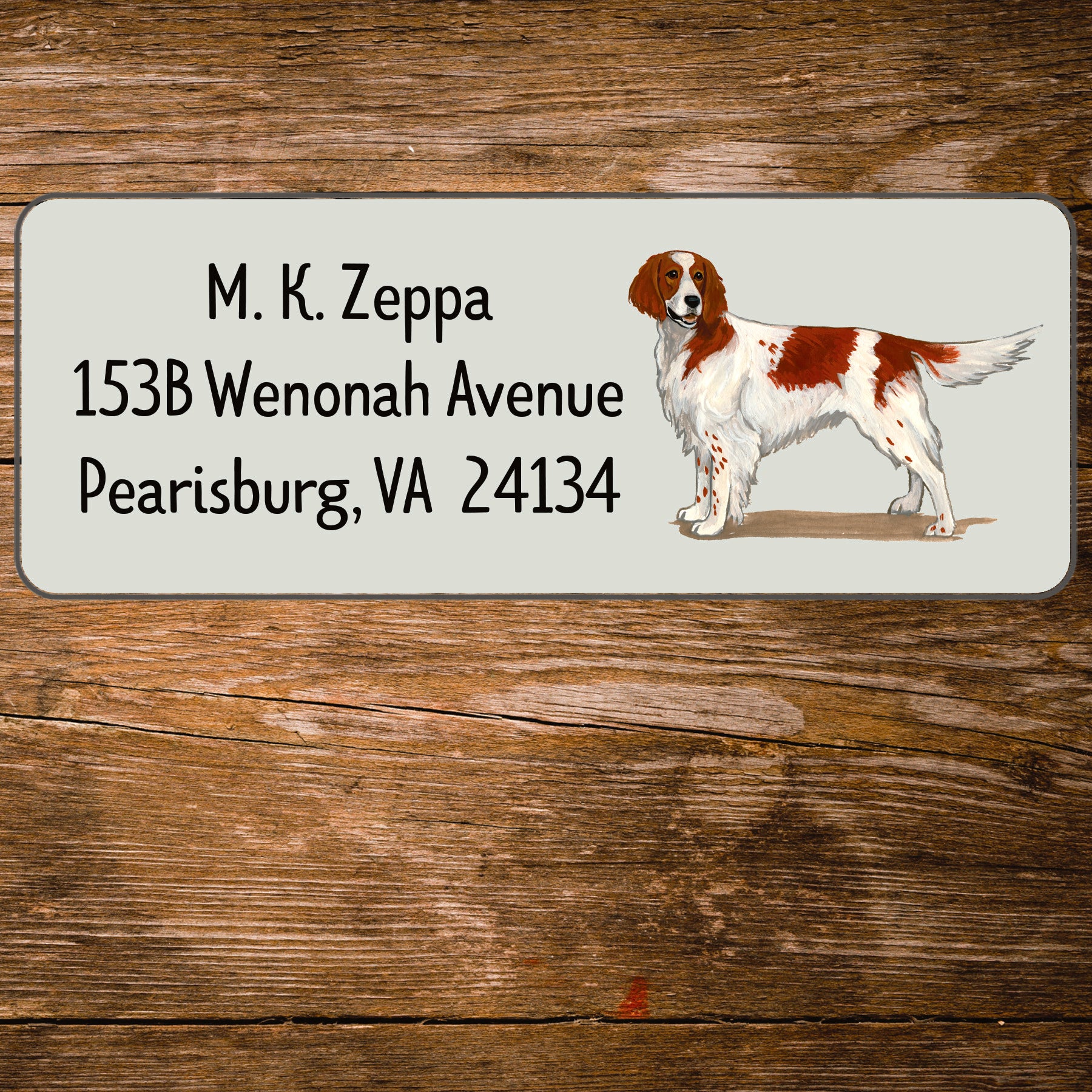 Return address label with a Irish Red & White Setter illustration.