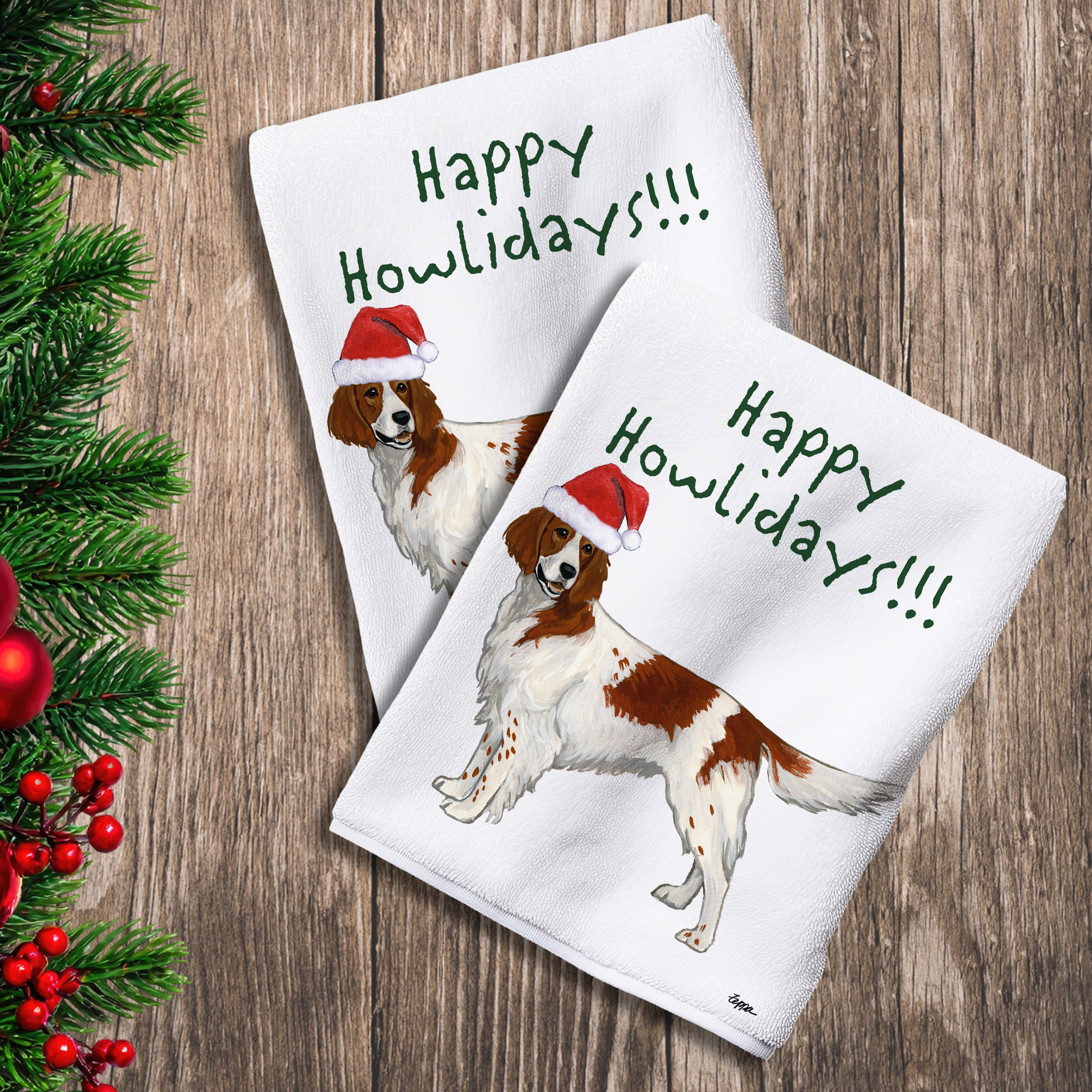 2 Kitchen Towels with a Red and White Irish Setter in a Santa Hat and Happy Howlidays text.