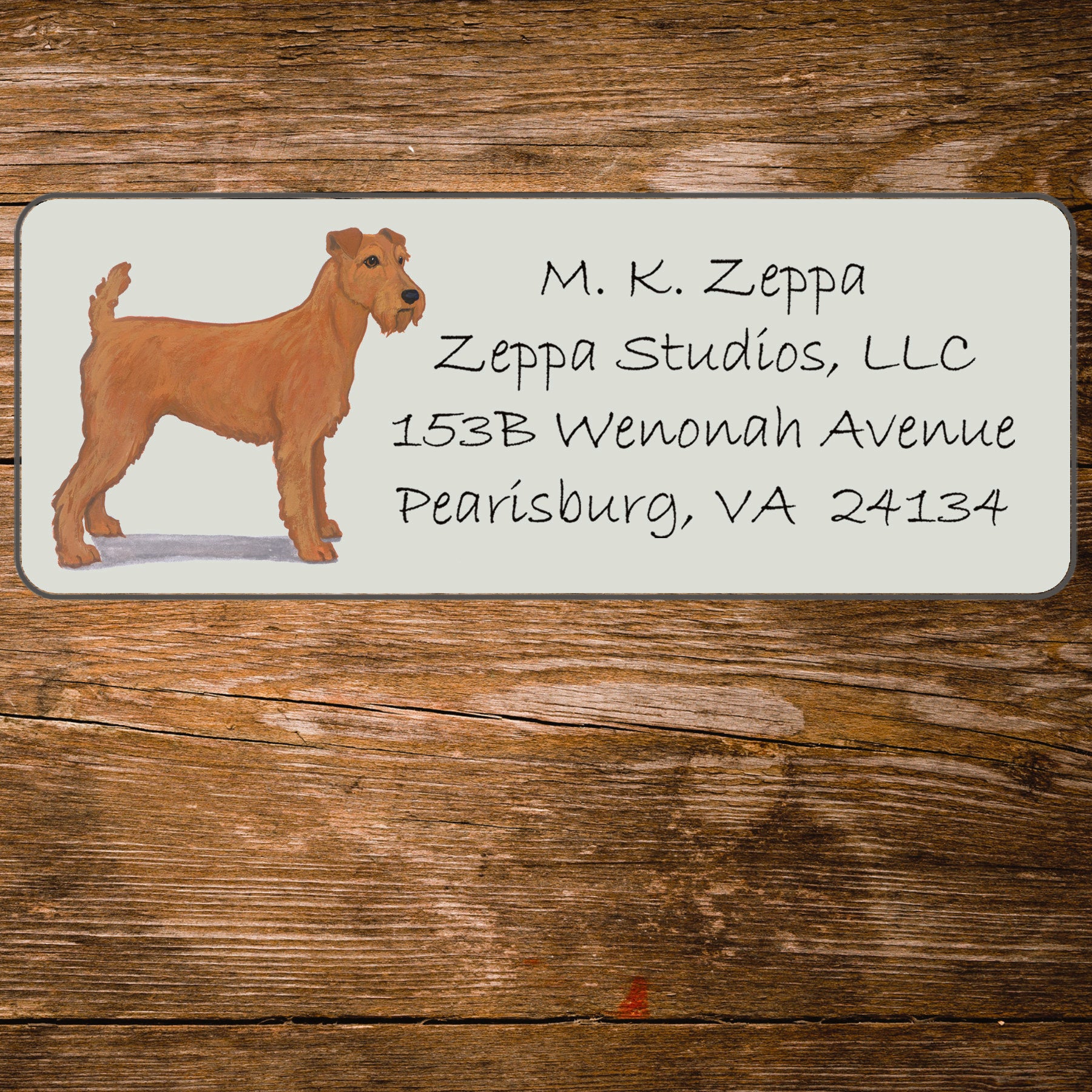 Return address label with a Irish Terrier illustration.