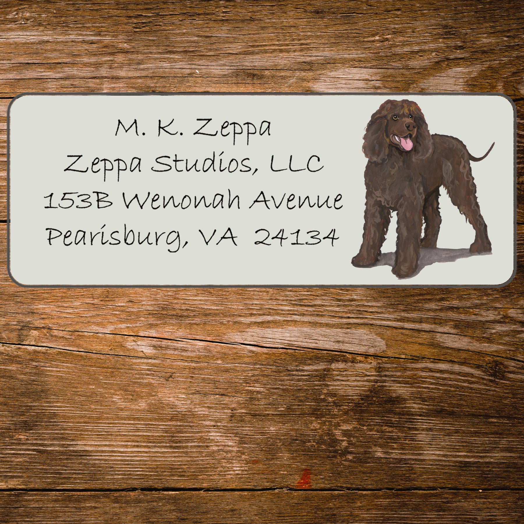 Return address label with a Irish Water Spaniel illustration.