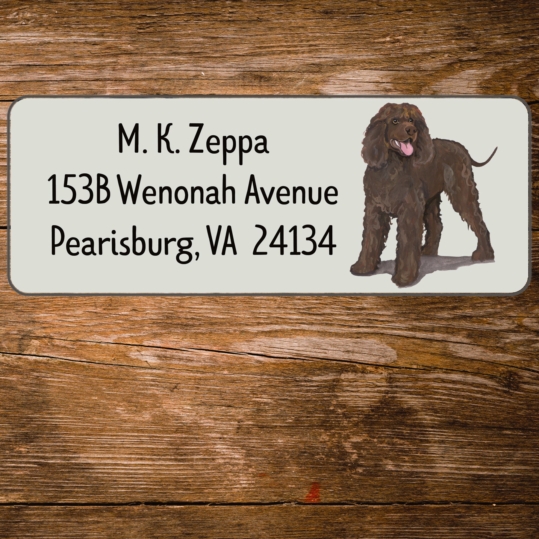 Return address label with a Irish Water Spaniel illustration.