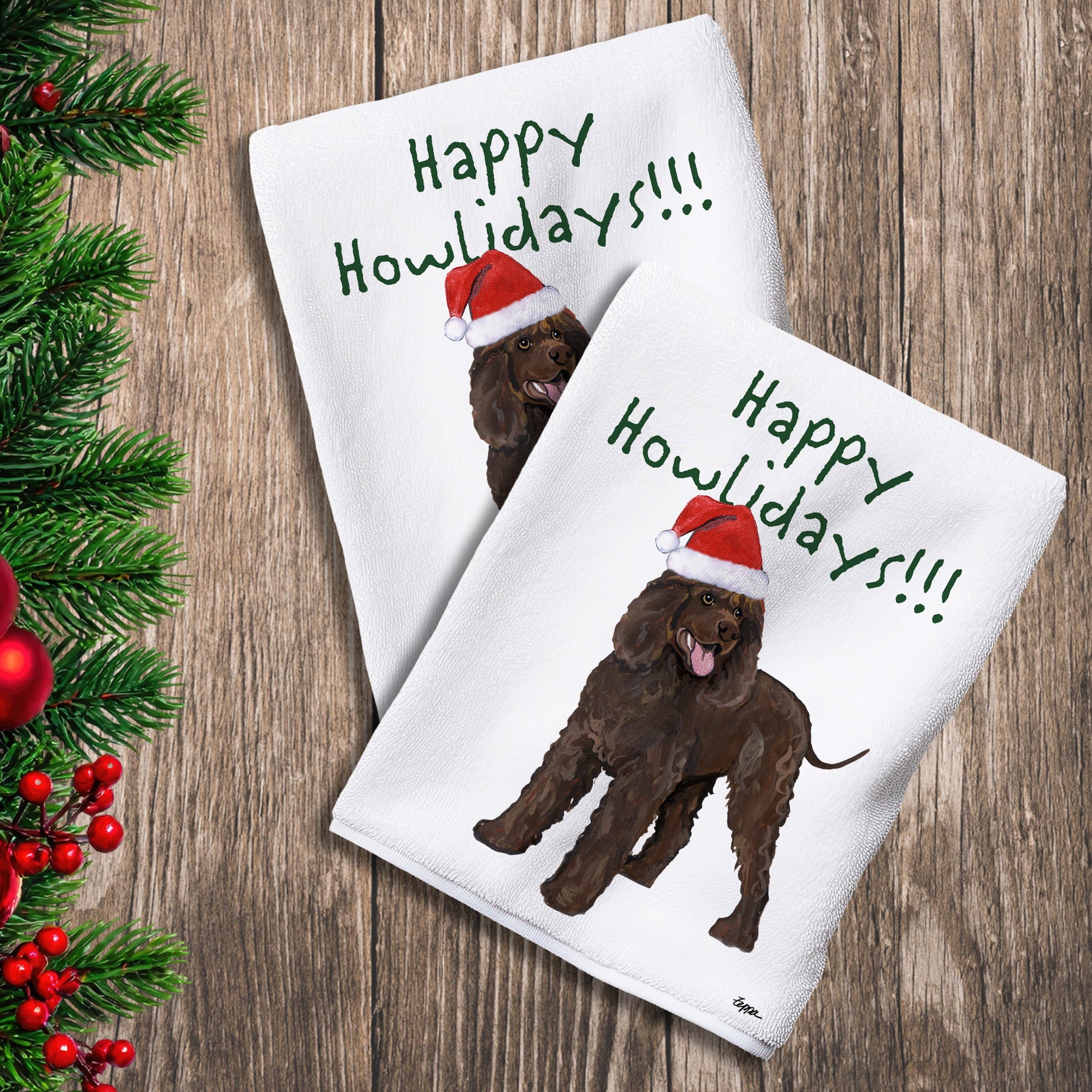 2 Kitchen Towels with an Irish Water Spaniel in a Santa Hat and Happy Howlidays text.