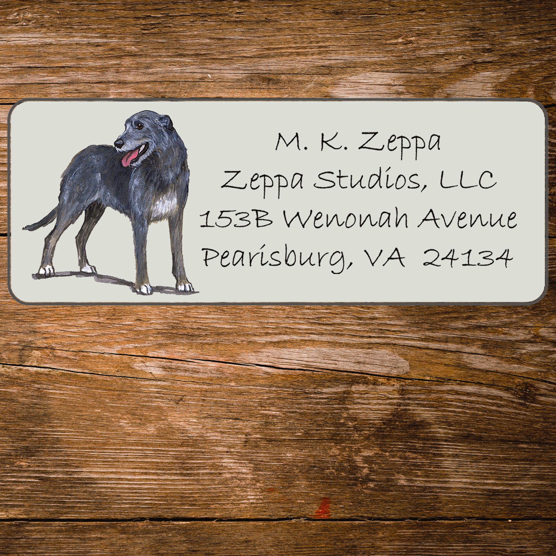 Return address label with a Irish Wolfhound illustration.