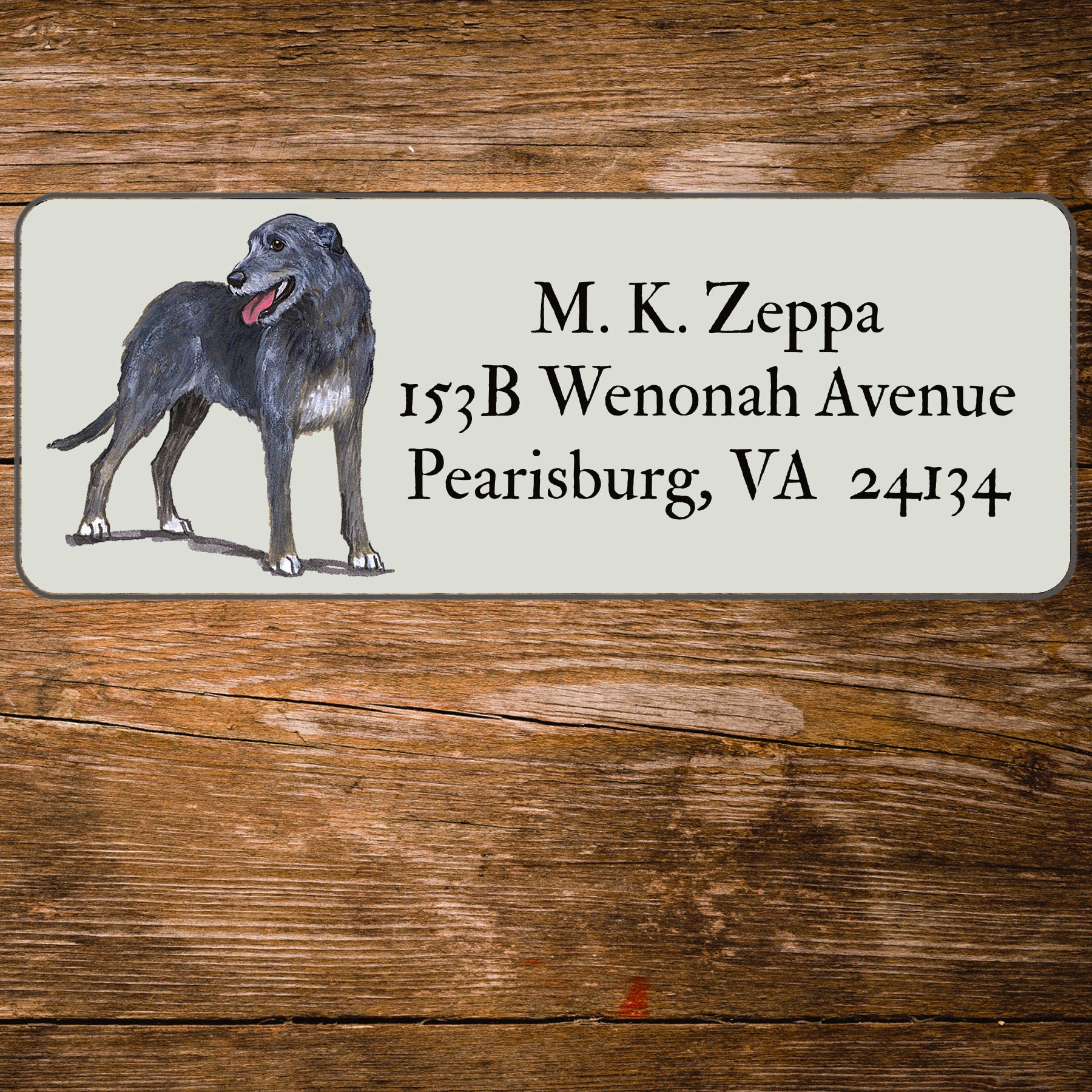Return address label with a Irish Wolfhound illustration.