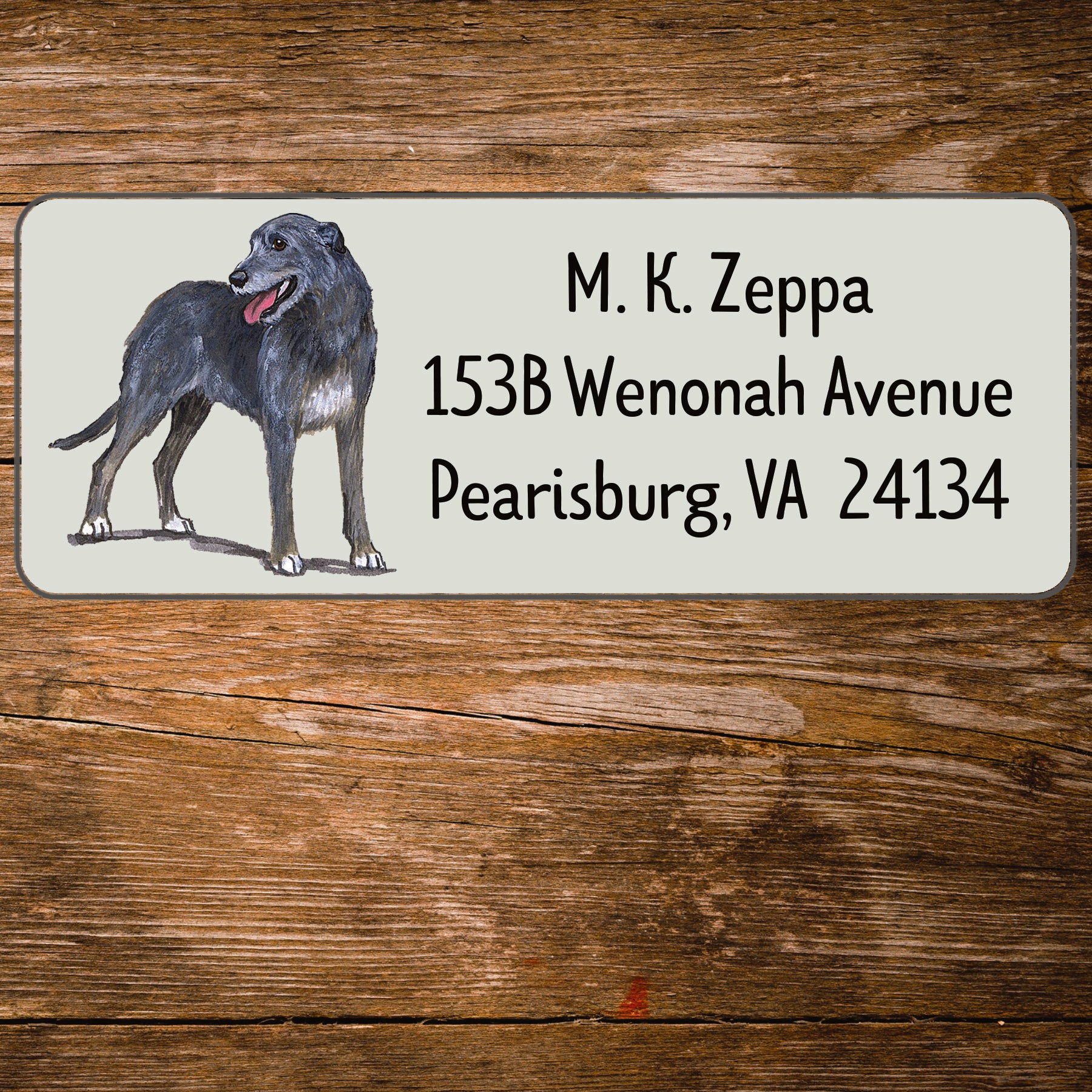 Return address label with a Irish Wolfhound illustration.