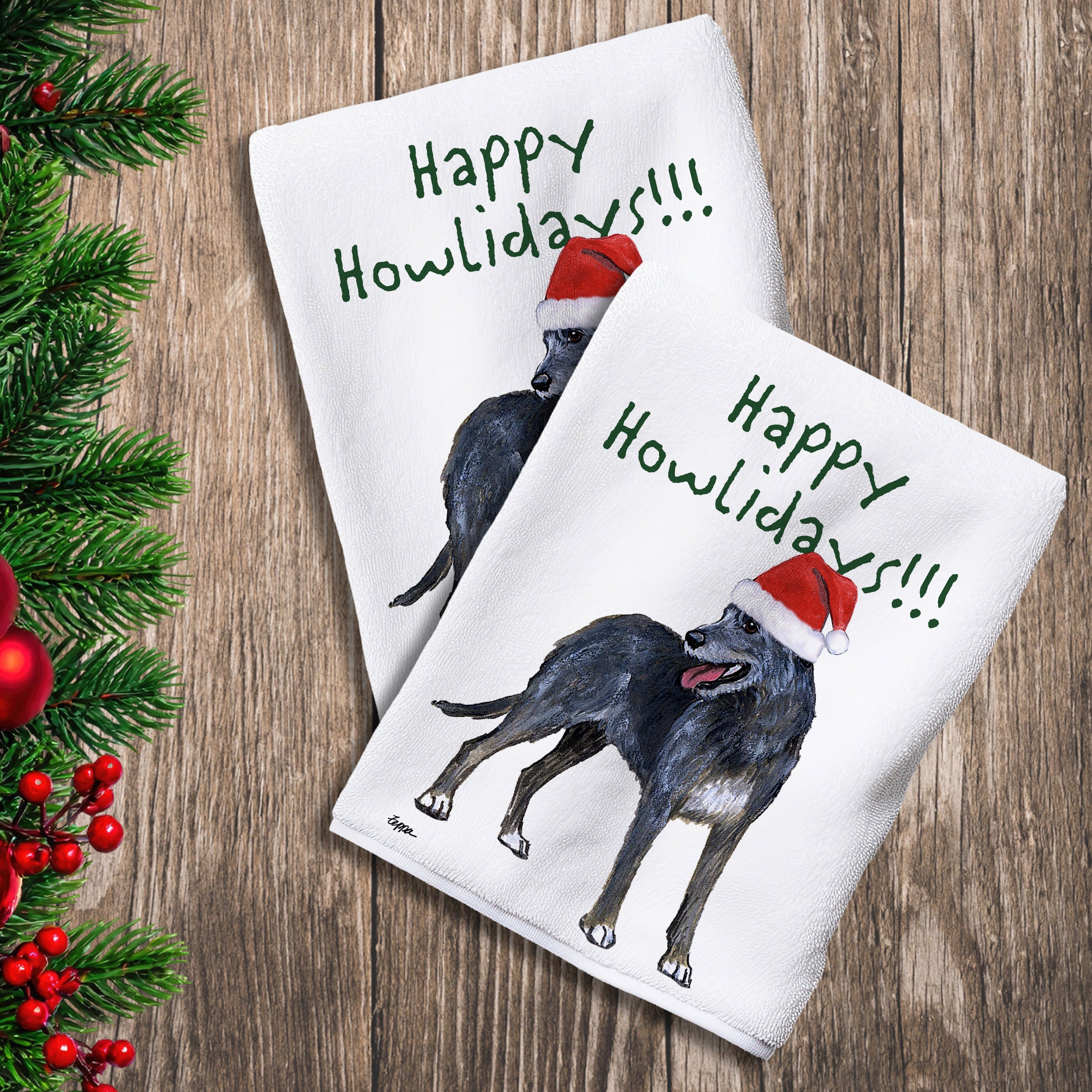 2 Kitchen Towels with an Irish Wolfhound in a Santa Hat and Happy Howlidays text.