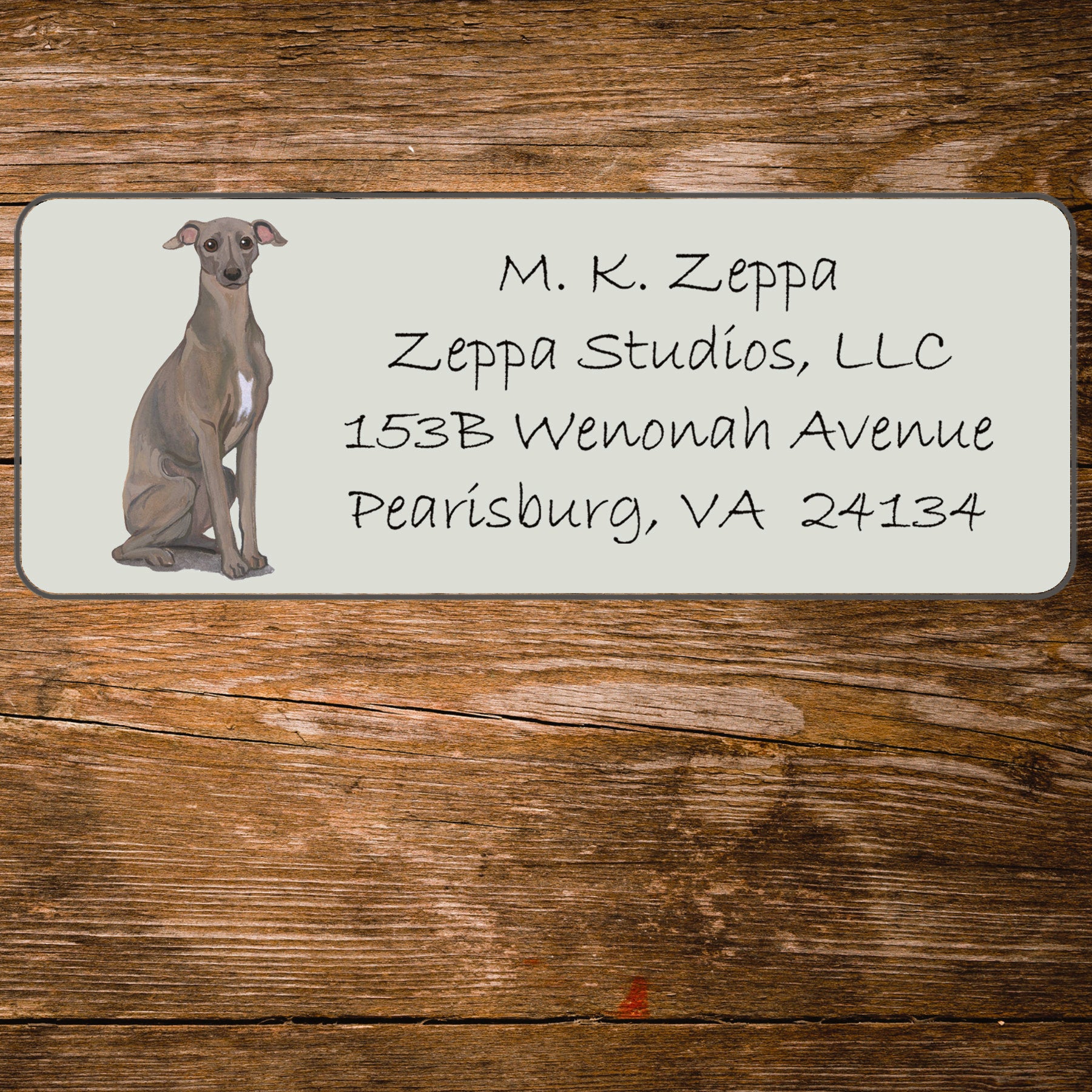 Return address label with an Italian Greyhound illustration.