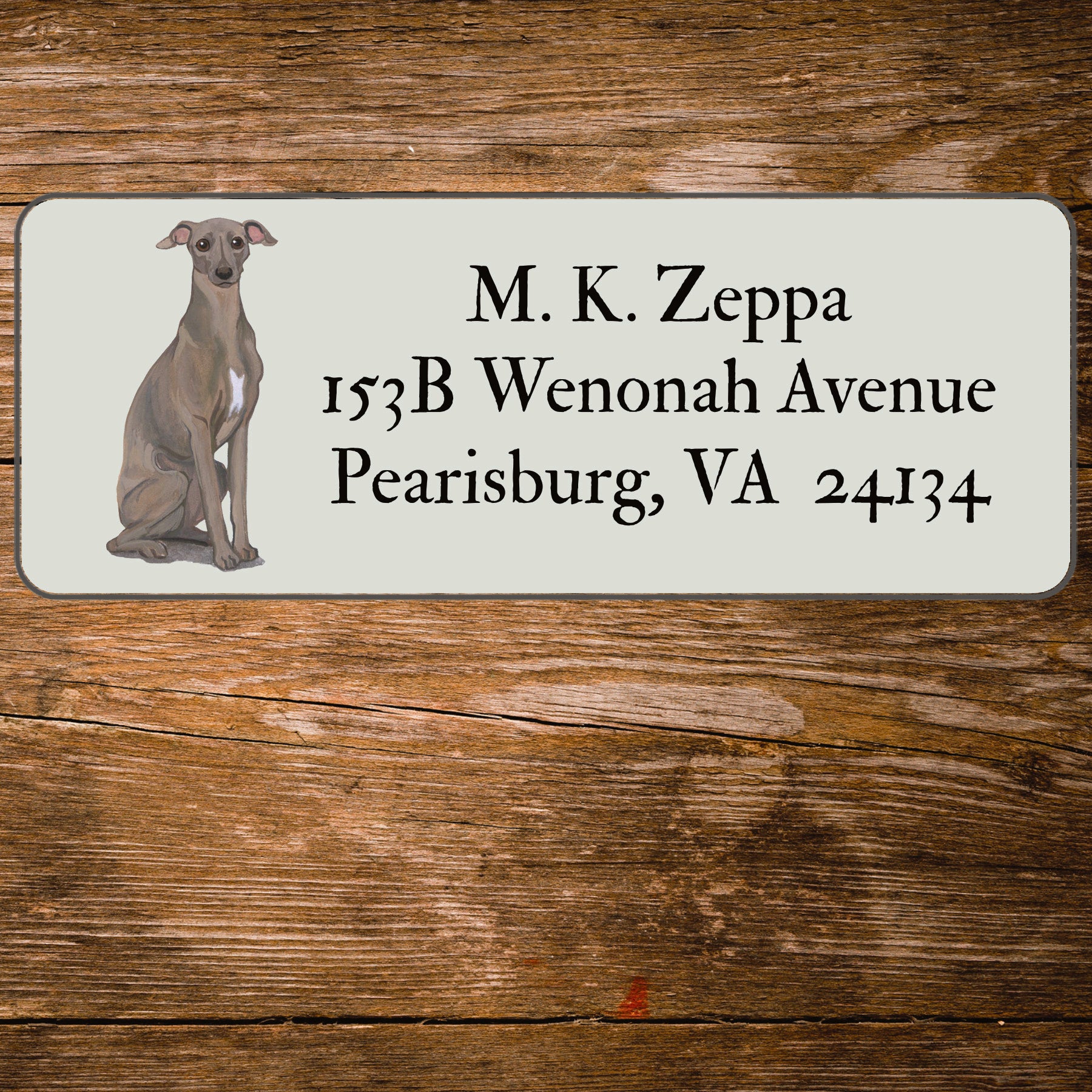 Return address label with an Italian Greyhound illustration.