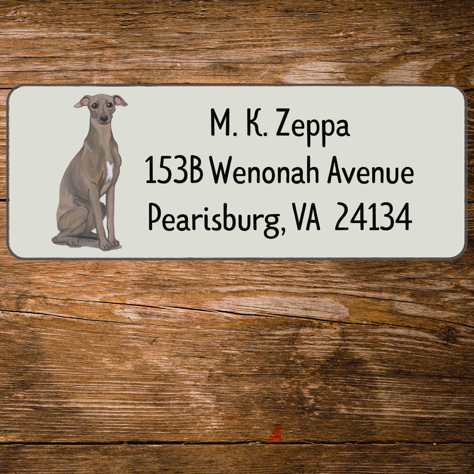 Return address label with an Italian Greyhound illustration.