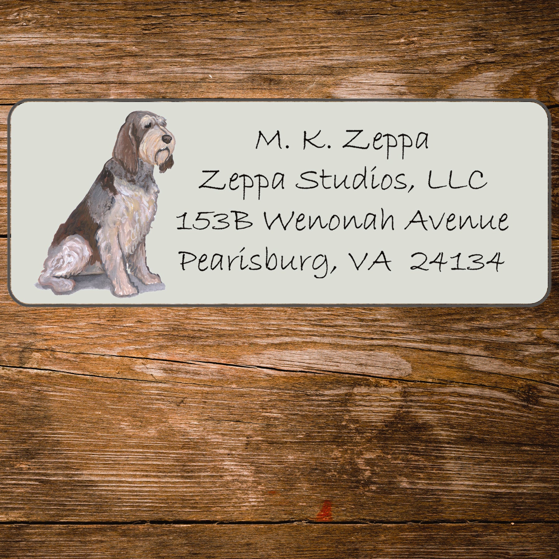 Return address label with an Italian Spinone illustration.