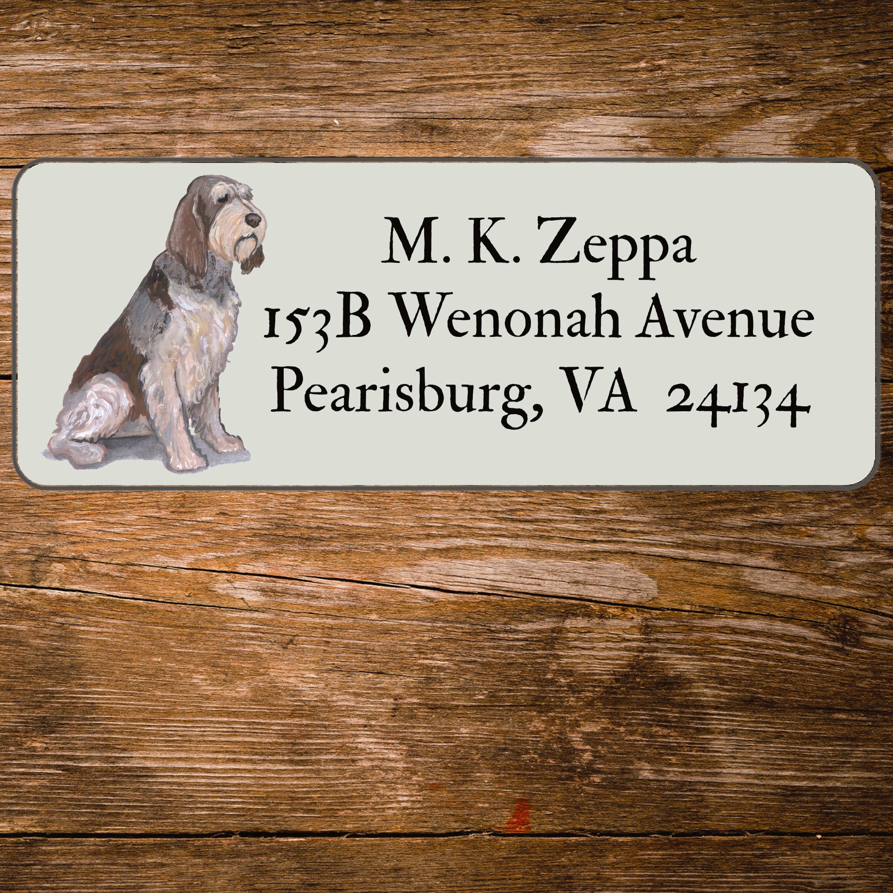 Return address label with an Italian Spinone illustration.