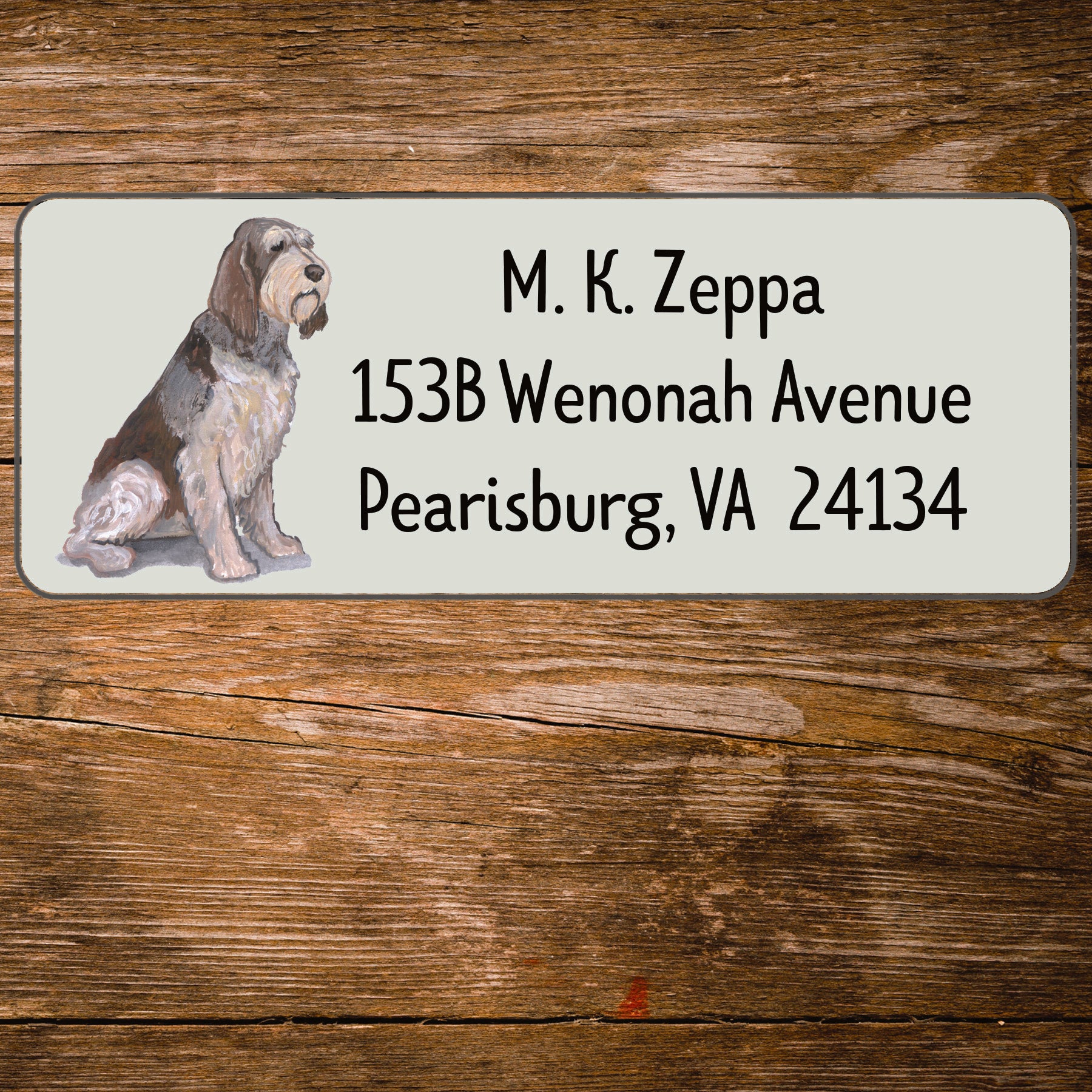 Return address label with an Italian Spinone illustration.