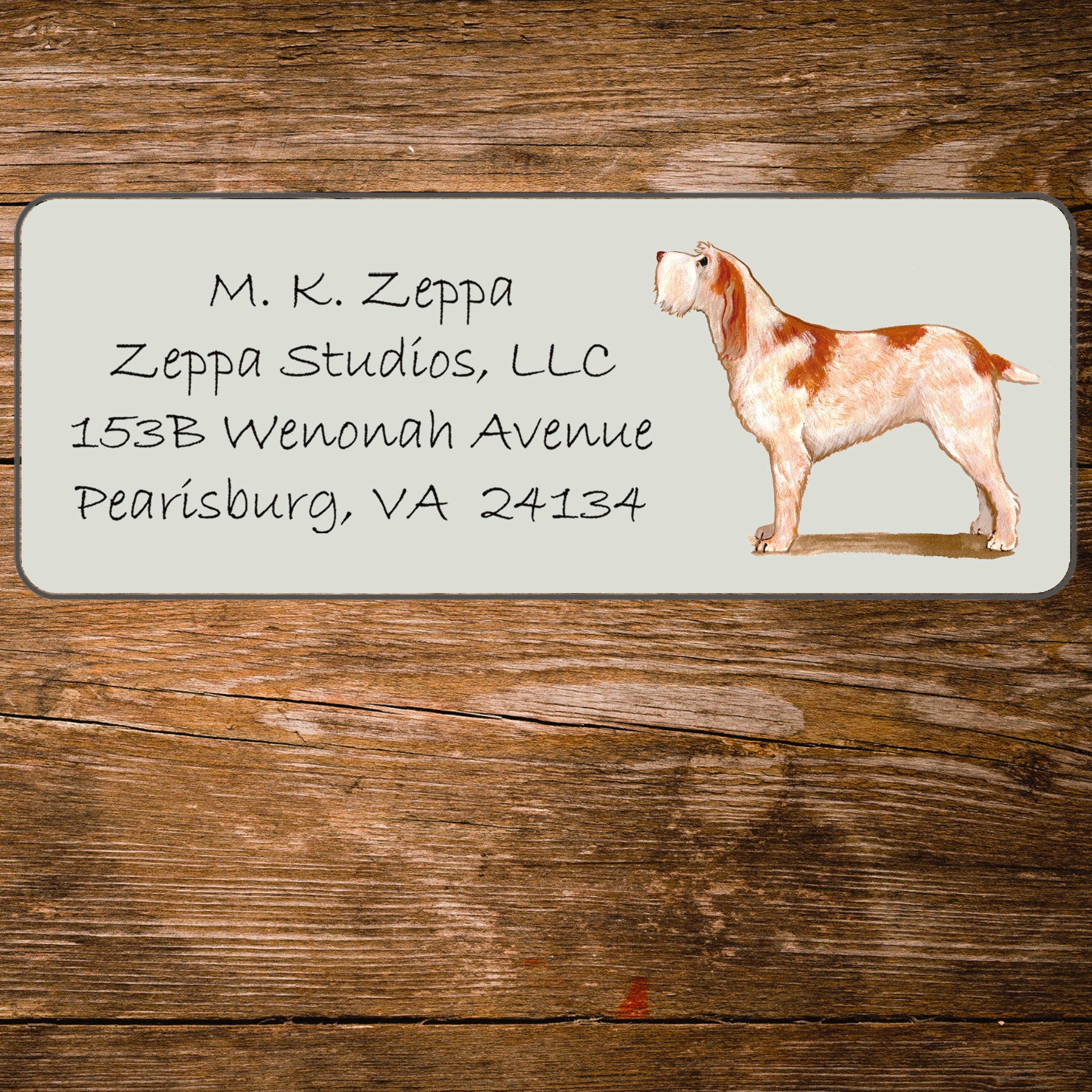 Return address label with an Italian Spinone illustration.
