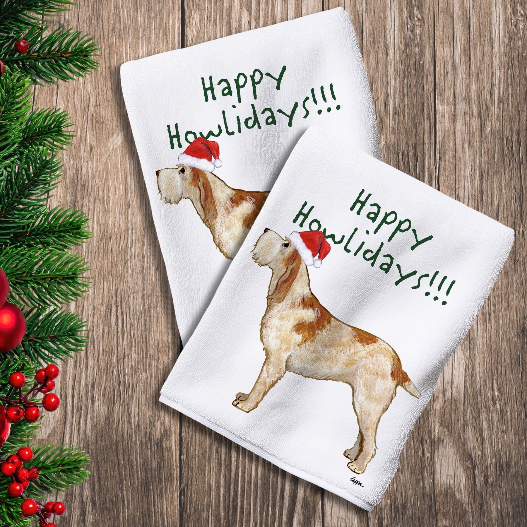 2 Kitchen Towels with a red and white Italian Spinone in a Santa Hat and Happy Howlidays text.