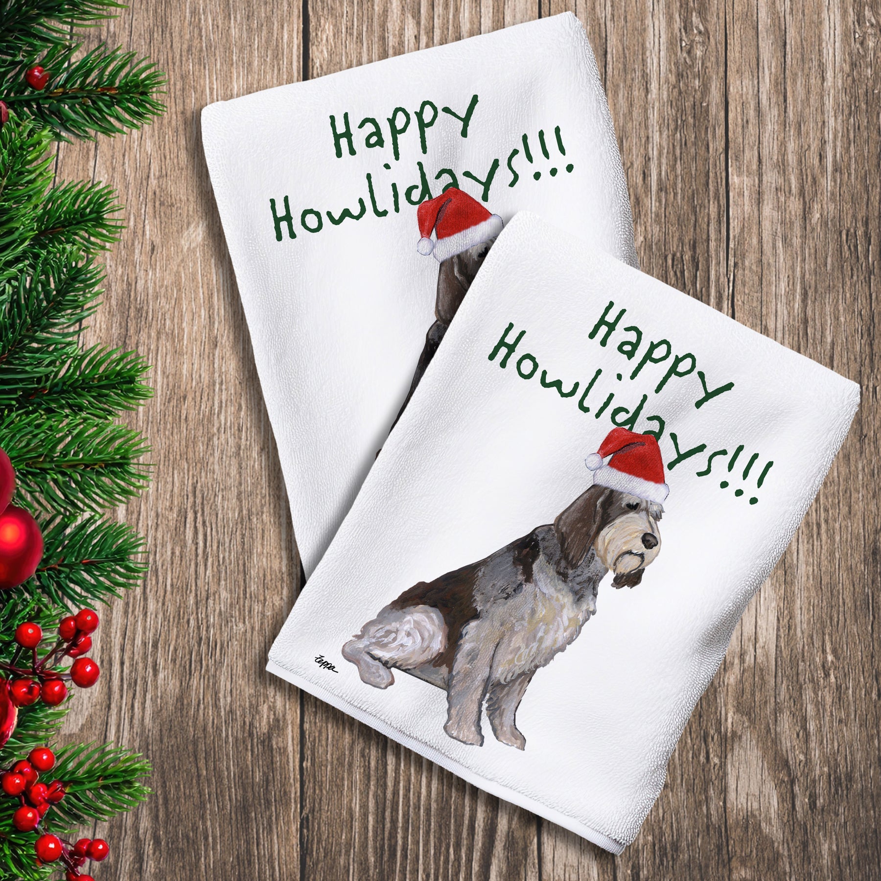 2 Kitchen Towels with an Italian Spinone in a Santa Hat and Happy Howlidays text.