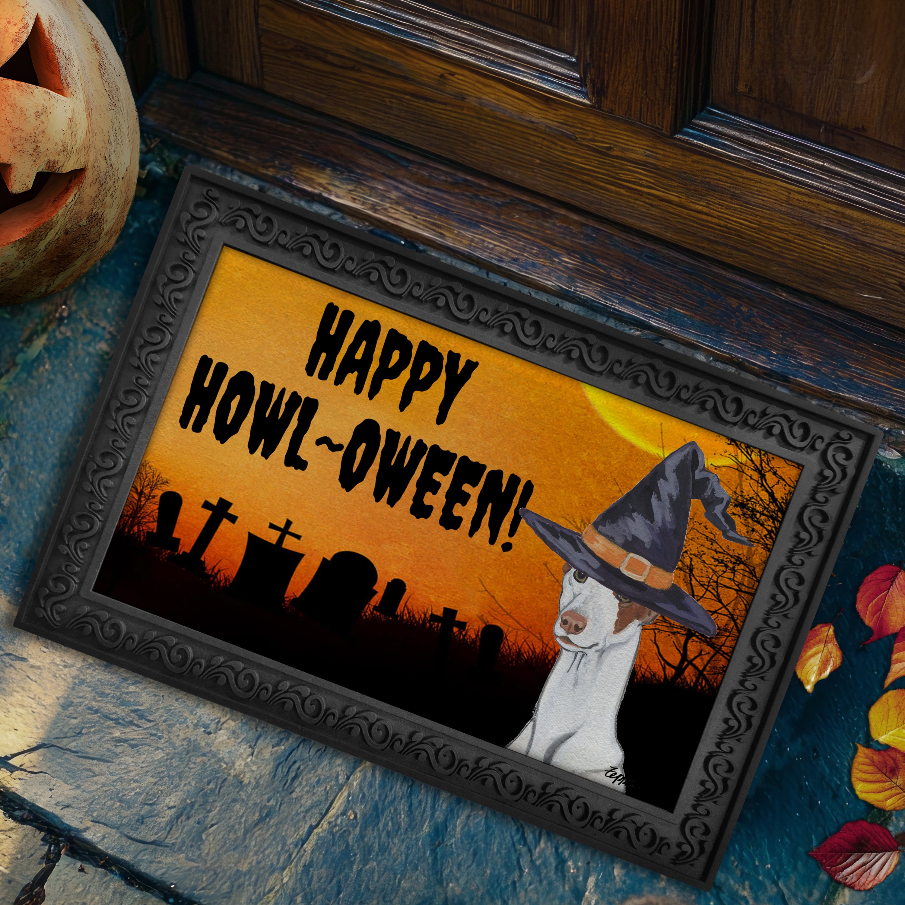 Ibizan Hound in a witch's hat on a Happy Howl-ween doormat.