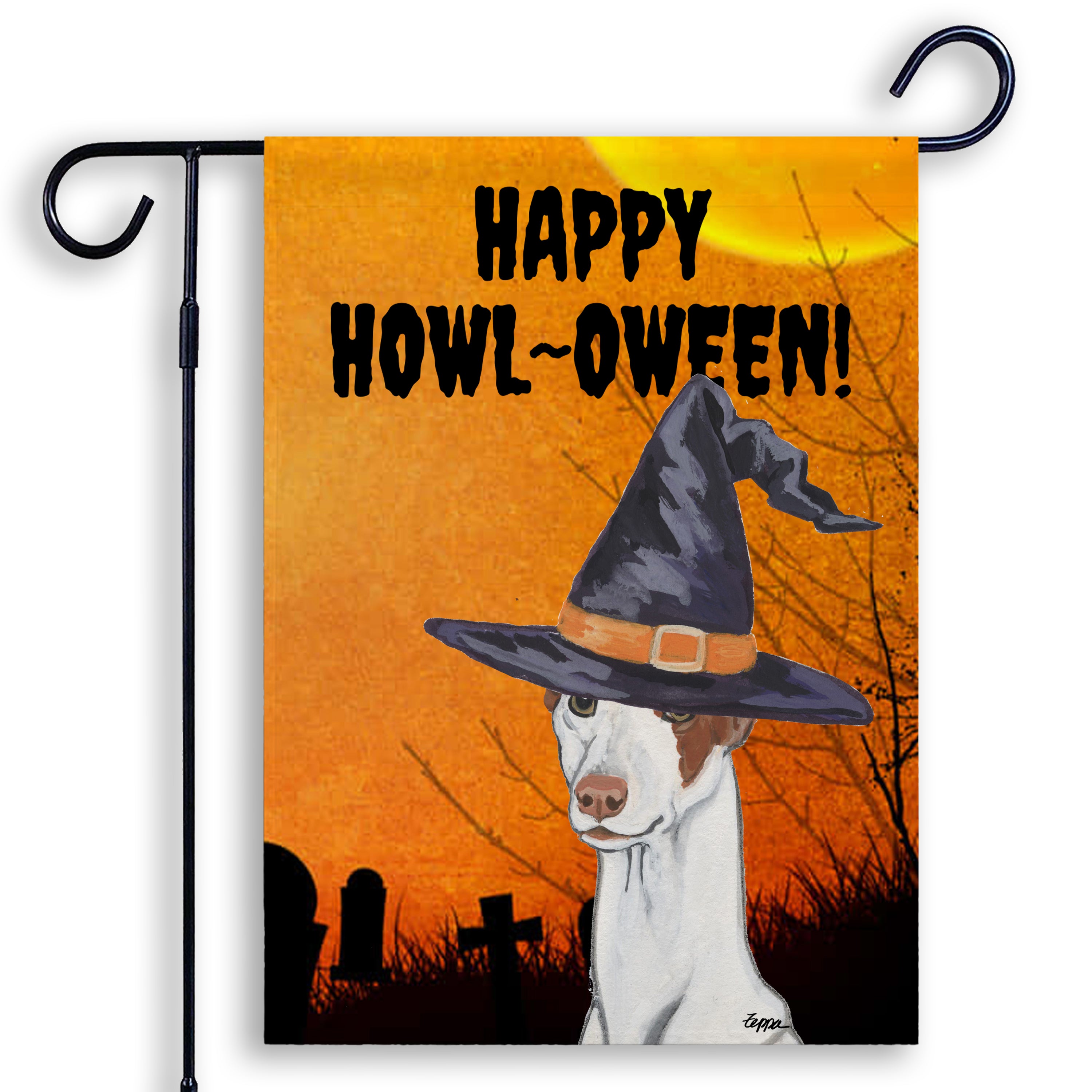 Halloween-themed garden flag with a Ibizan Hound wearing a witch hat and 'Happy Howl-Oween!' text on an orange background.