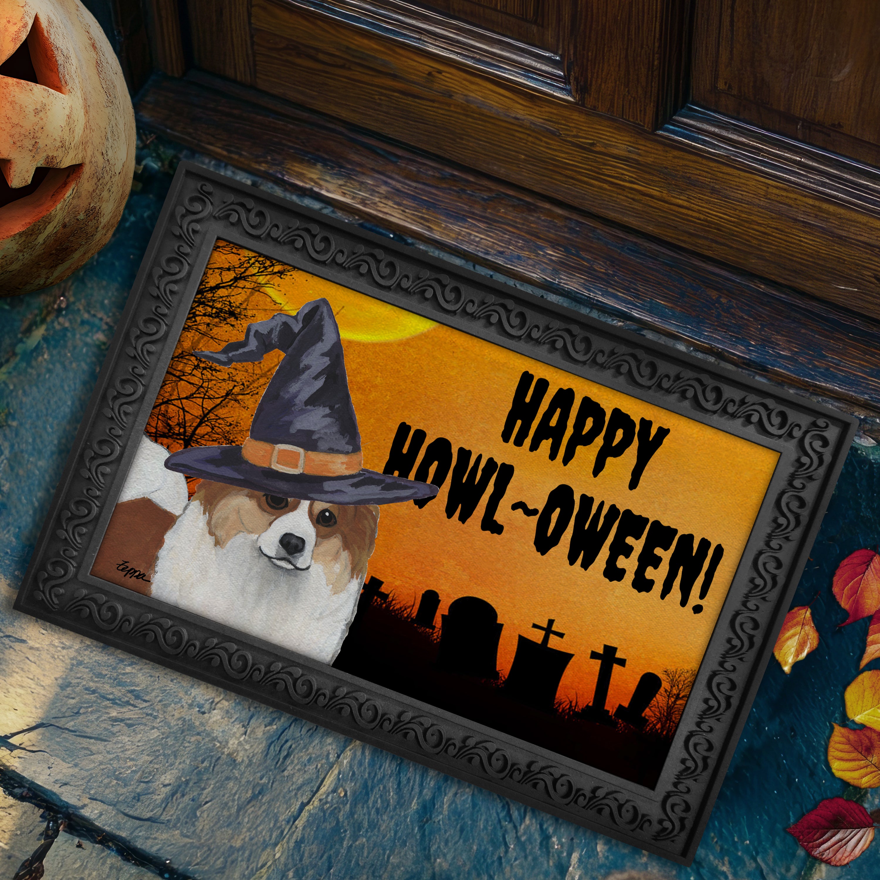 Icelandic Sheepdog in a witch hat on a Happy HOWLoween doormat.