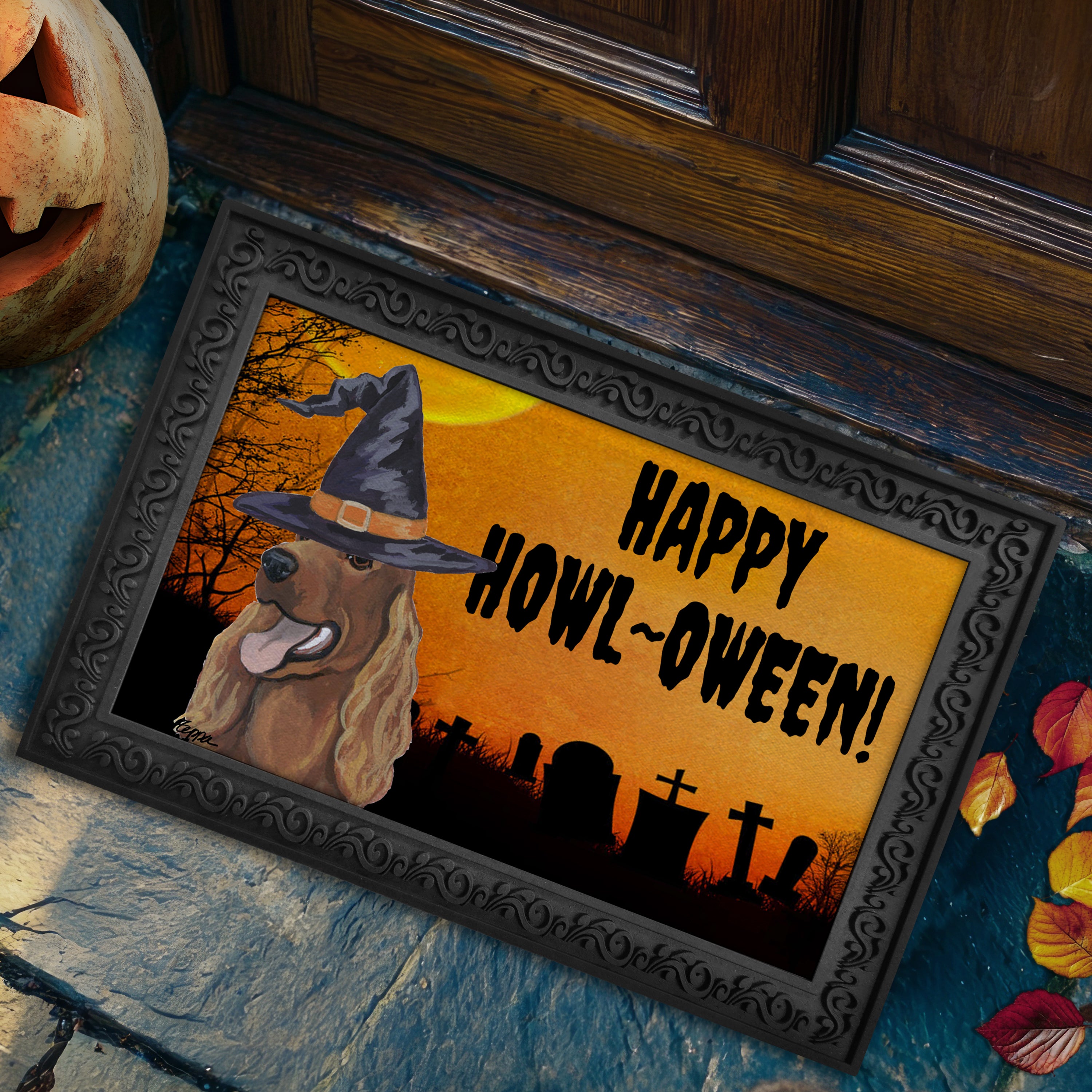Halloween-themed doormat with a Irish Setter wearing a witch hat and 'Happy Howl-Oween!' text, placed on a stone surface.