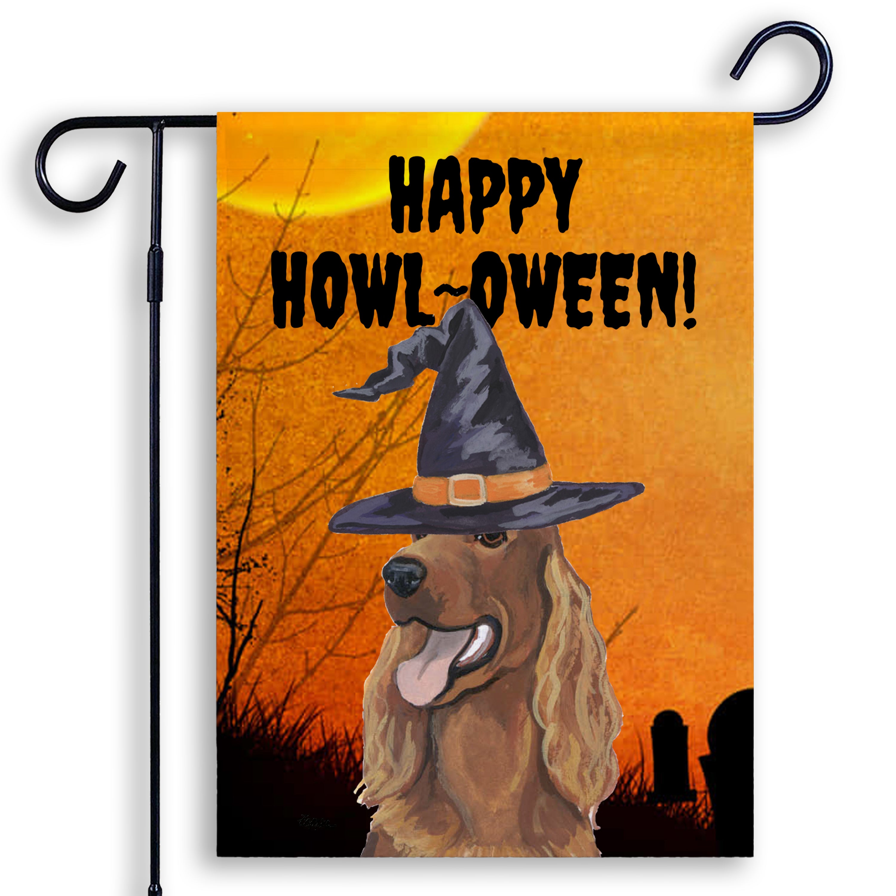 Halloween-themed garden flag with a Irish Setter wearing a witch hat and 'Happy Howl-Oween!' text on an orange background.