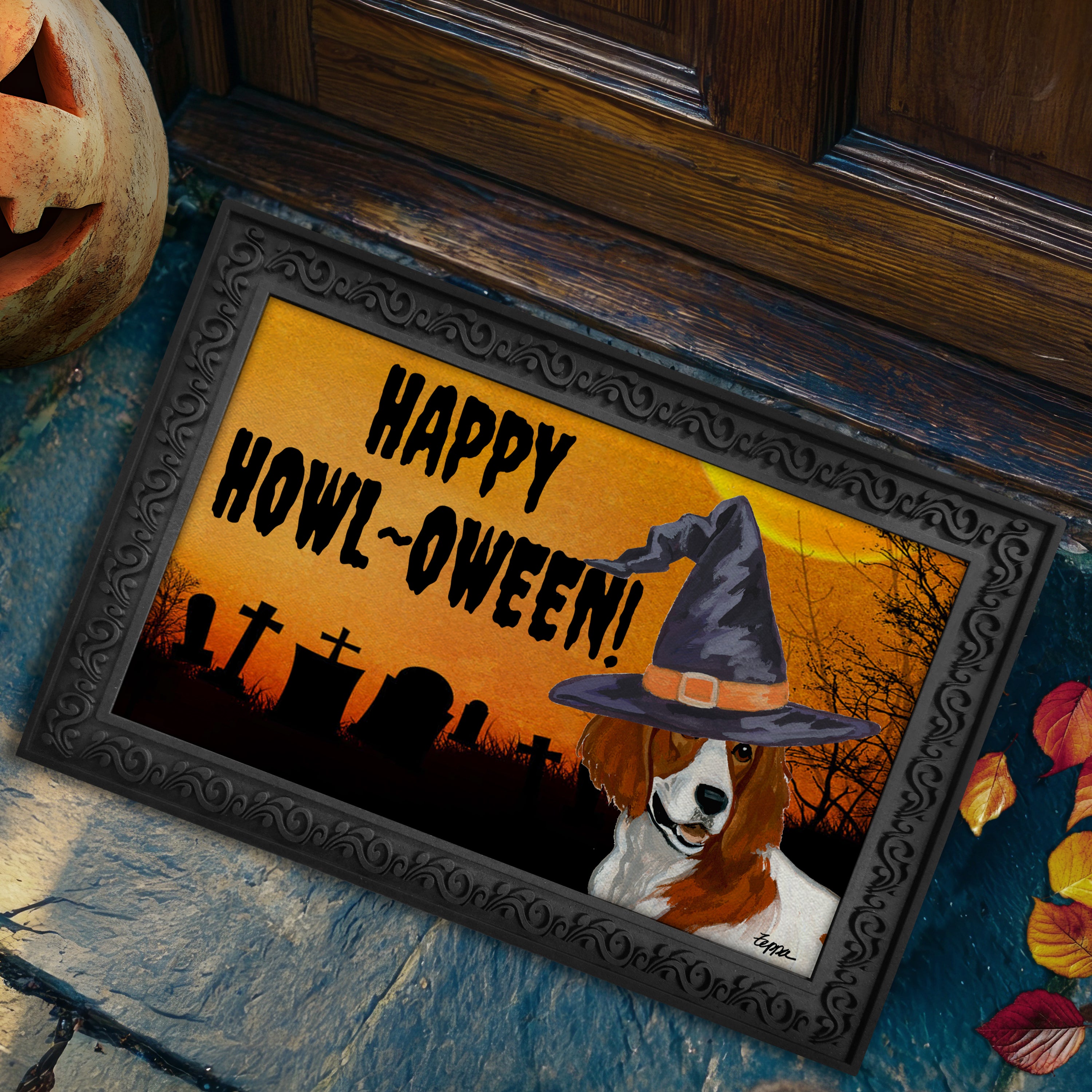 Halloween-themed doormat with a Irish Red and White Setter wearing a witch hat and 'Happy Howl-Oween!' text, placed on a stone surface.
